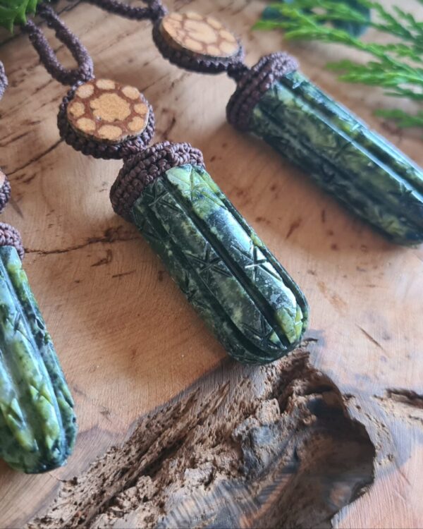 Huachuma San Pedro Cactus serpentine stone carved necklace with Ayahuasca slice
