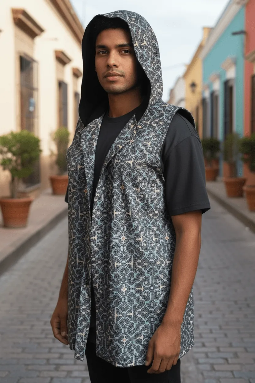Shipibo print sleeveless hooded reversible top