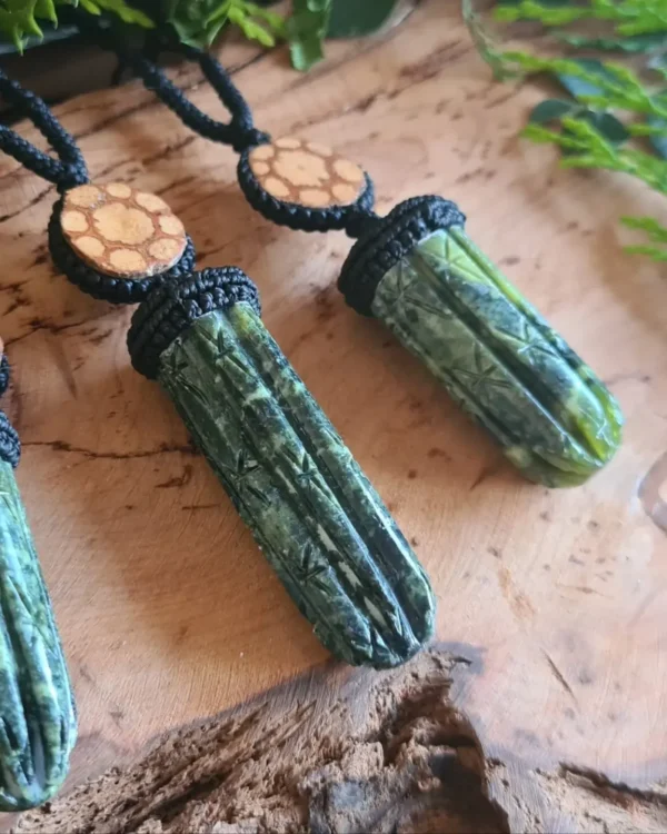 Huachuma San Pedro Cactus serpentine stone carved necklace with Ayahuasca slice