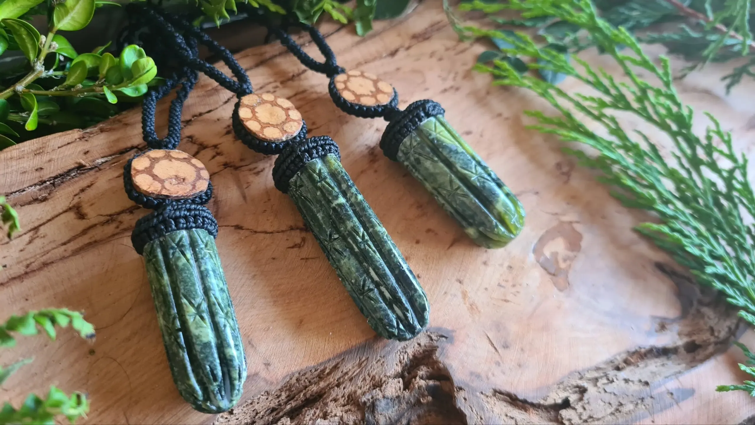 Huachuma San Pedro Cactus serpentine stone carved necklace with Ayahuasca slice