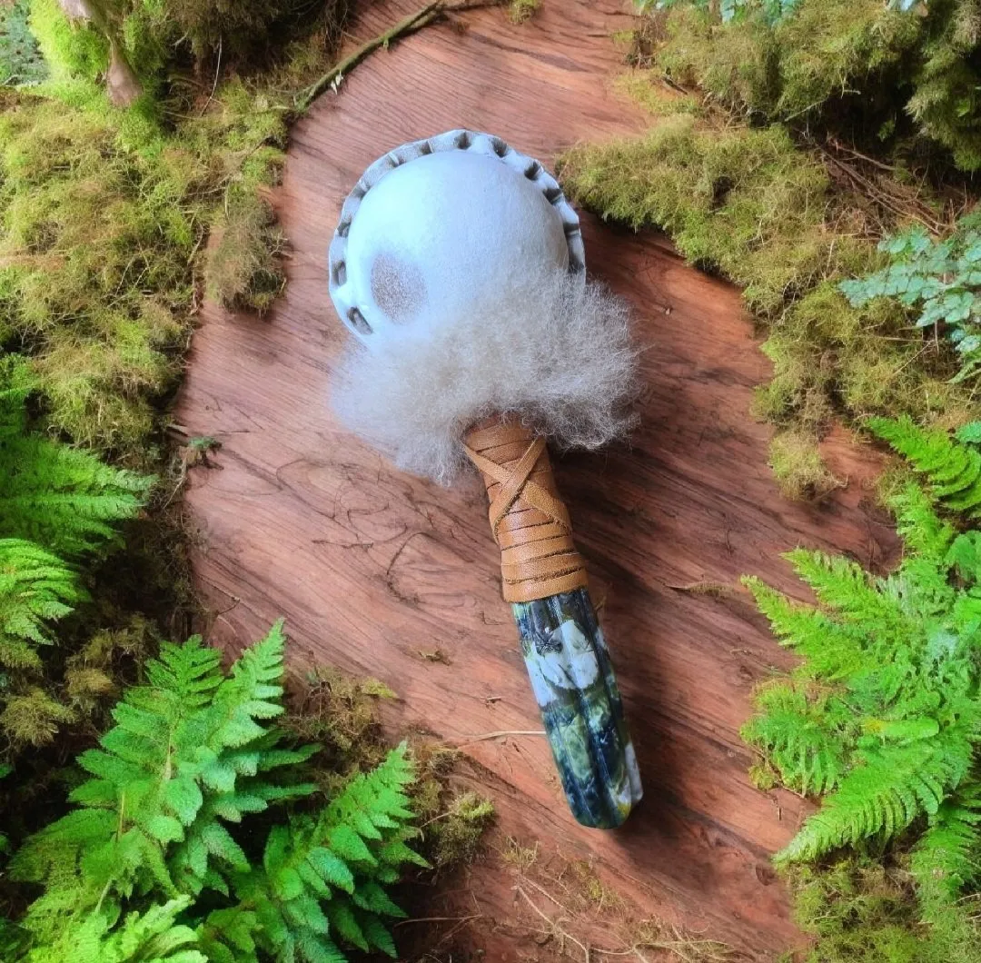 Shamanic rattle with San Pedro Wachuma Serpentine stone carved handle