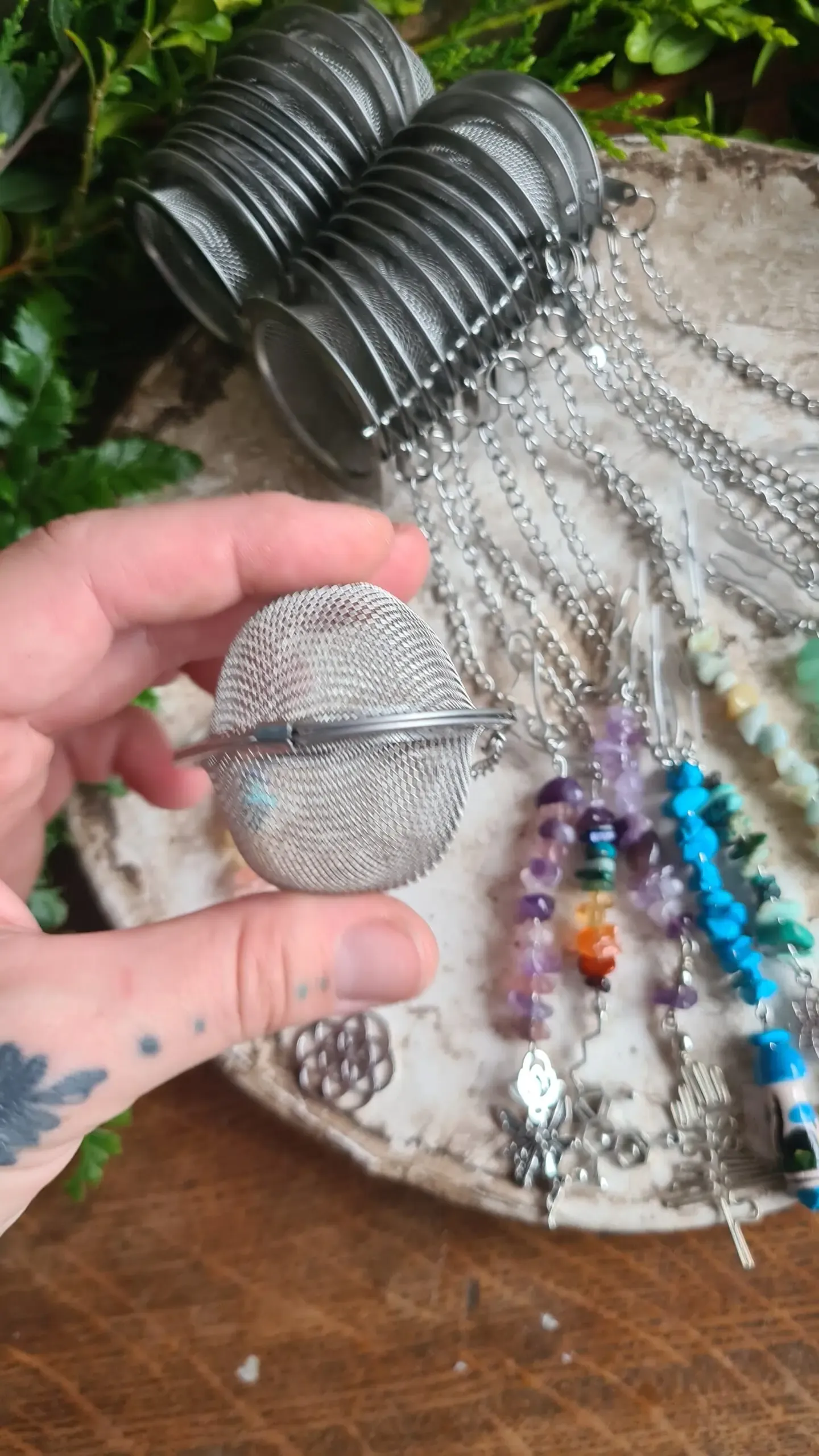 Large capacity crystal gemstone tea infuser with sacred geometry charms tree of life