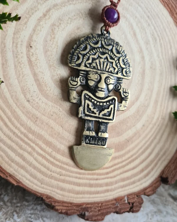 Peruvian Tumi golden brass with Amethyst bead necklace