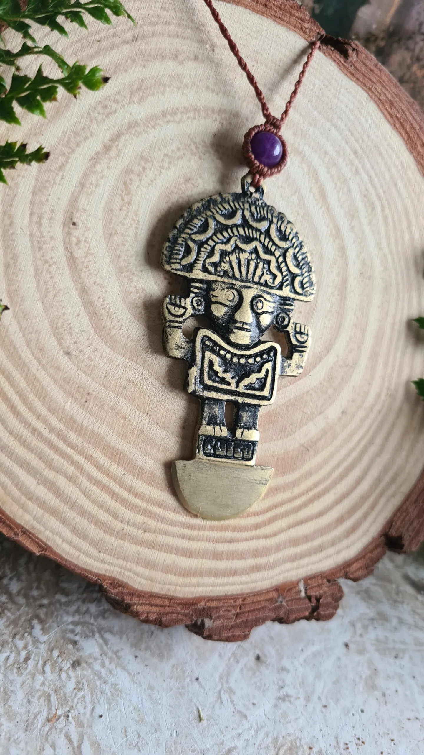 Peruvian Tumi golden brass with Amethyst bead necklace