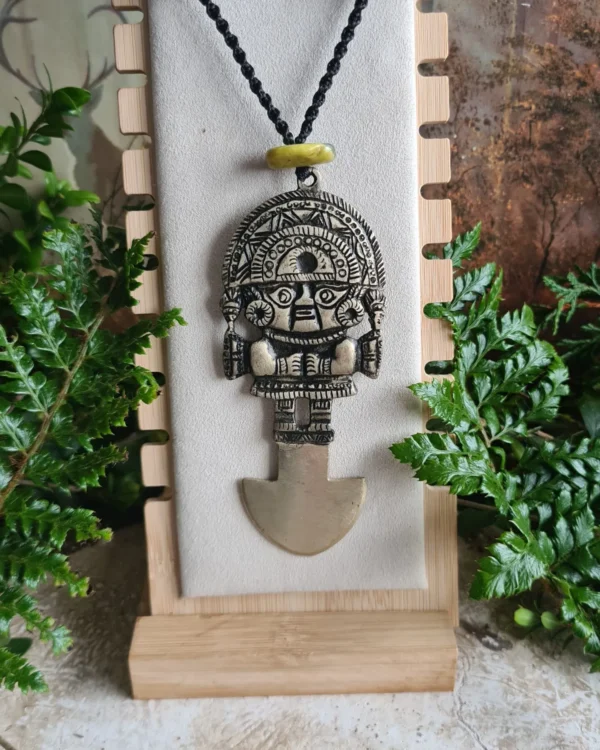 Peruvian Tumi golden brass with light green Serpentine stone beads necklace