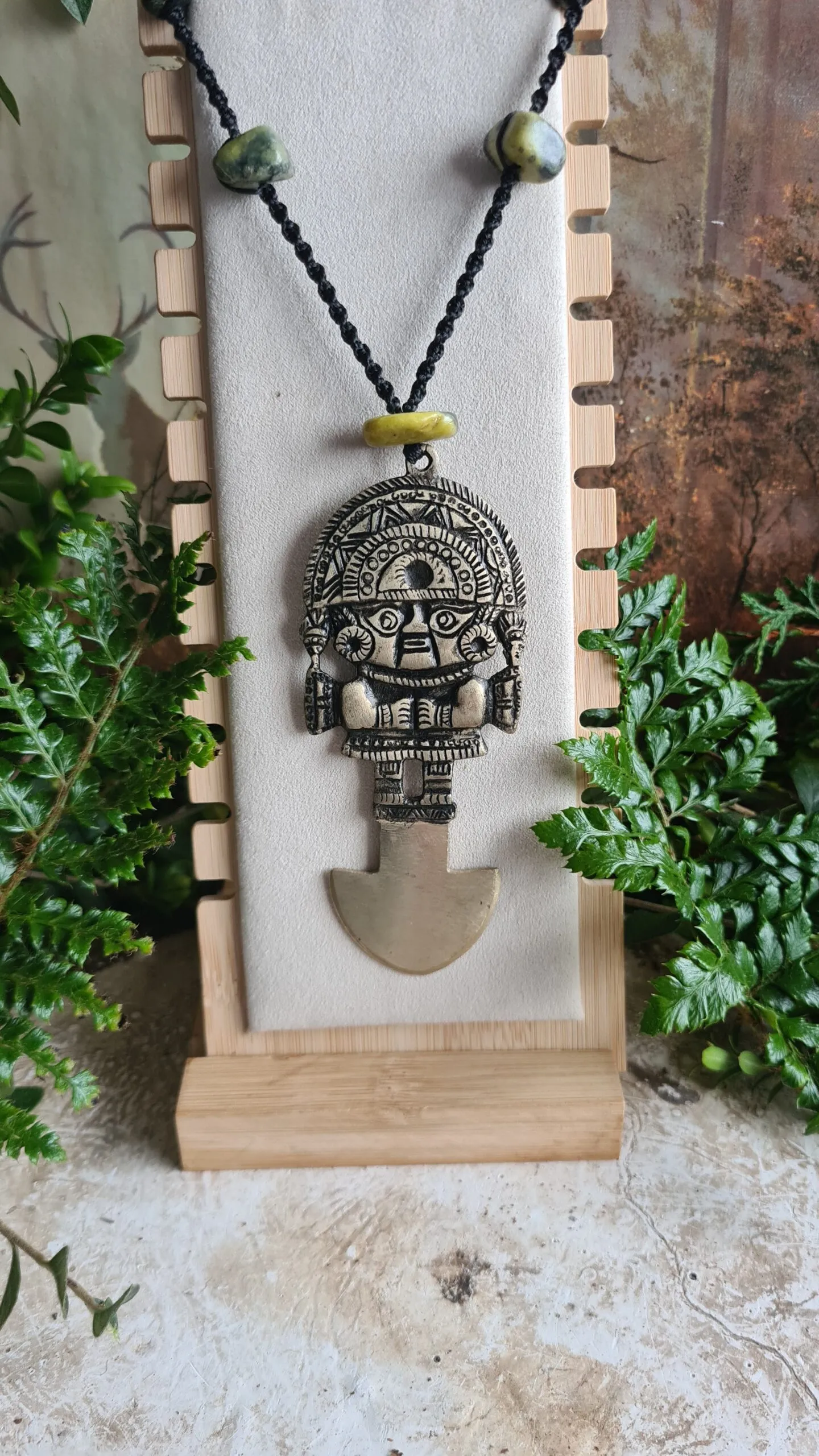 Peruvian Tumi golden brass with light green Serpentine stone beads necklace