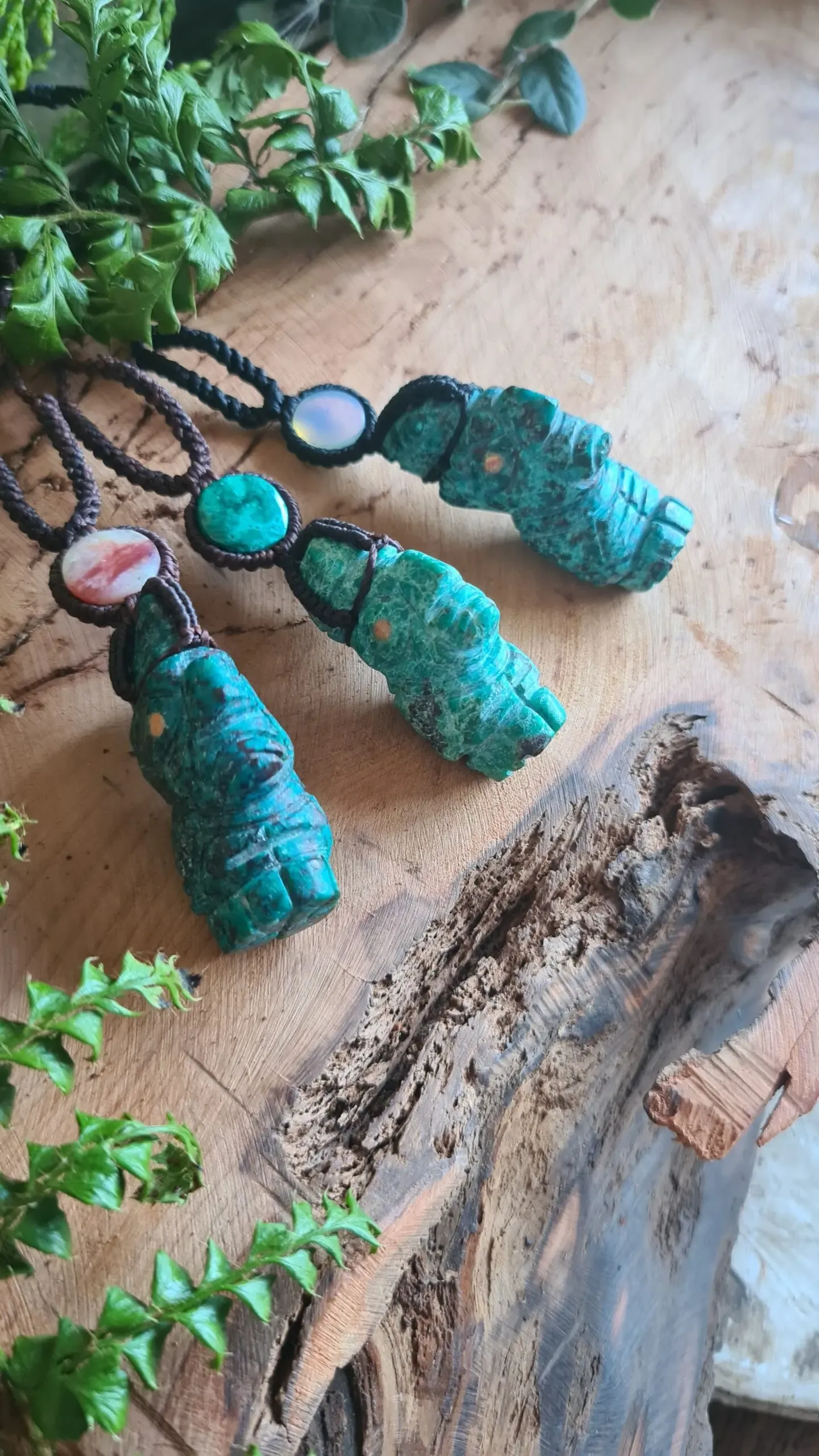 Ancestor faces Chrysocolla turquoise crystal macrame Inca necklace
