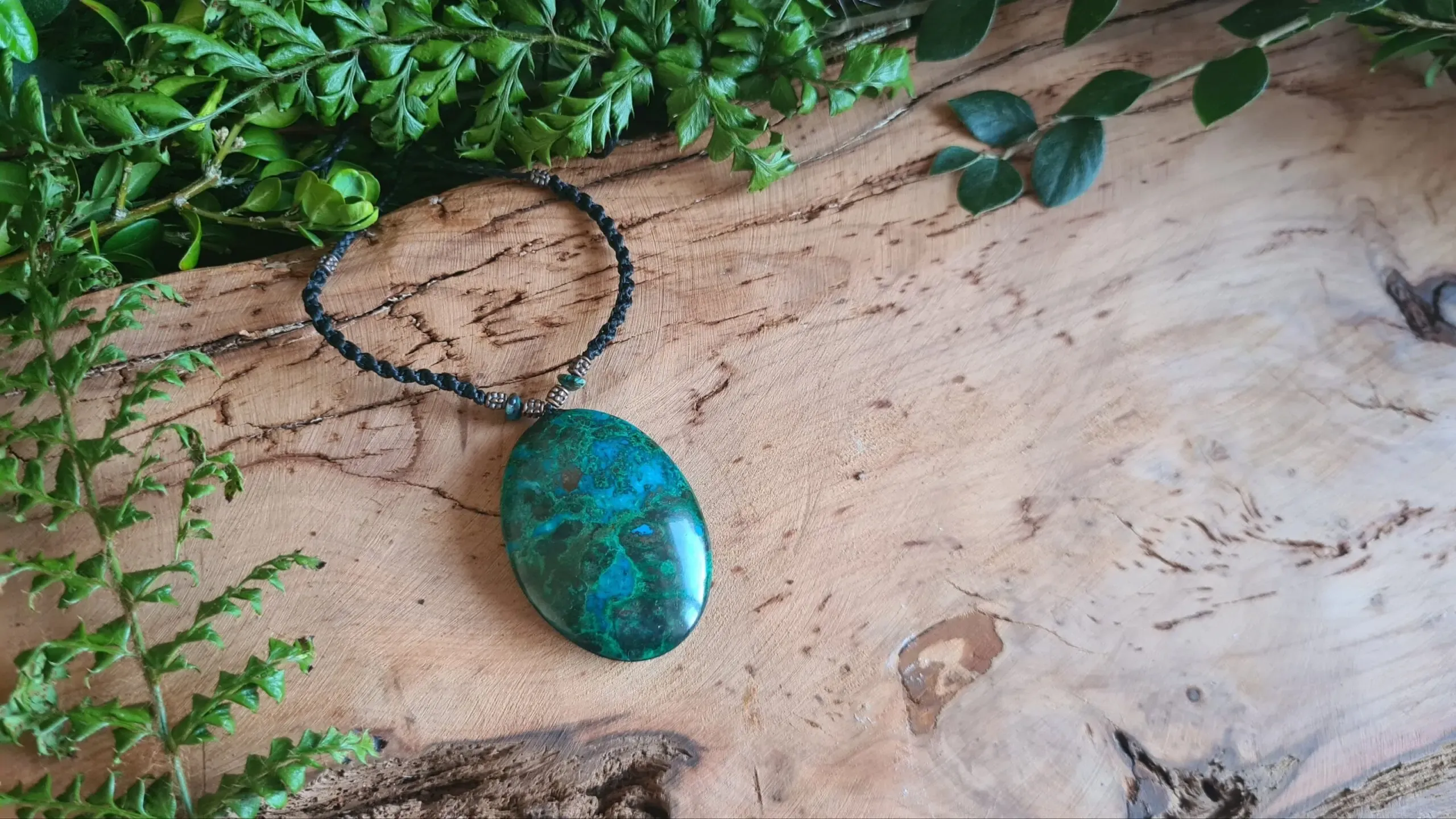 Peruvian Turquoise chrysocolla stone and Ayahuasca slice macrame necklace