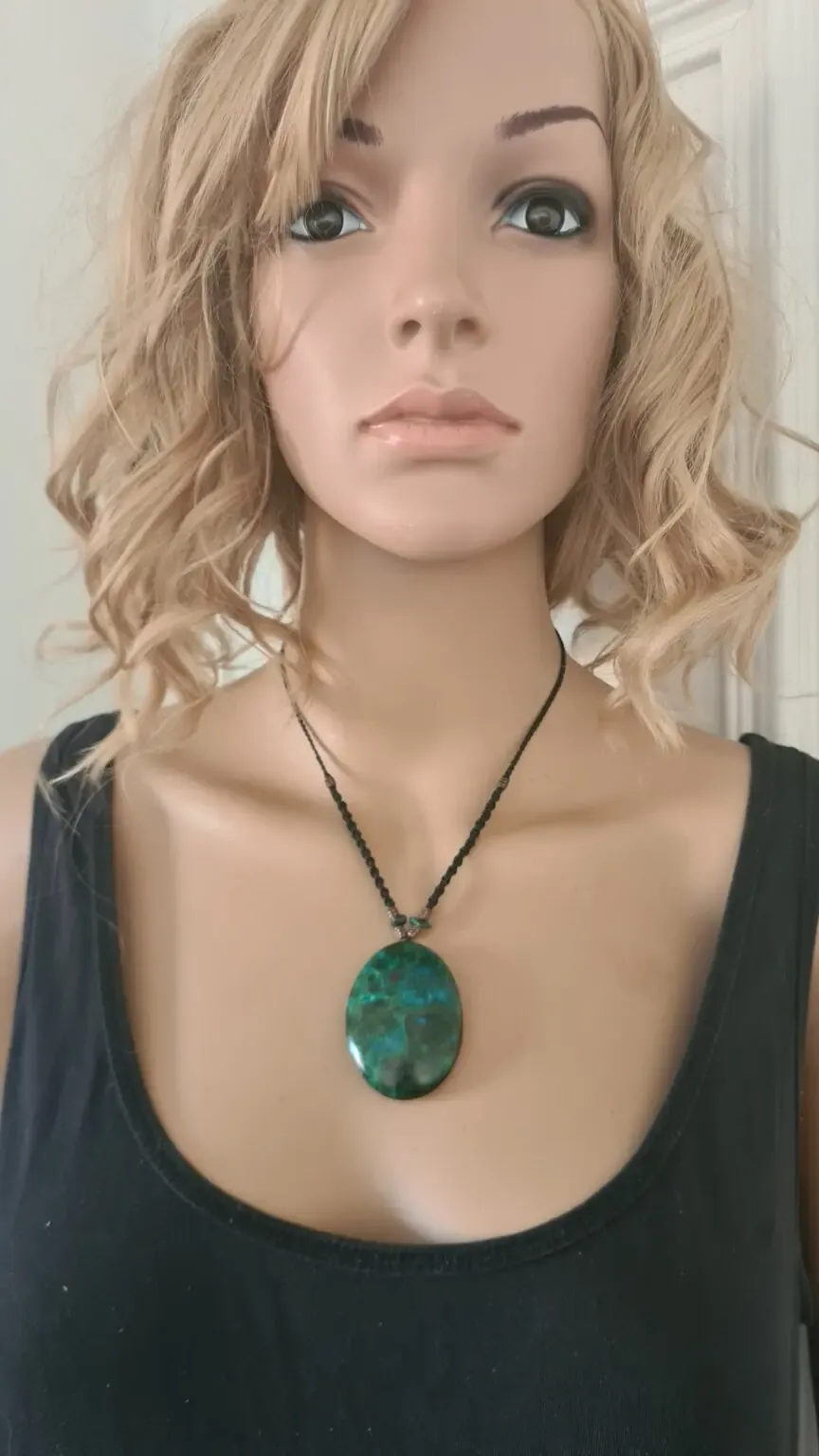 Peruvian Turquoise chrysocolla stone and Ayahuasca slice macrame necklace - Image 3