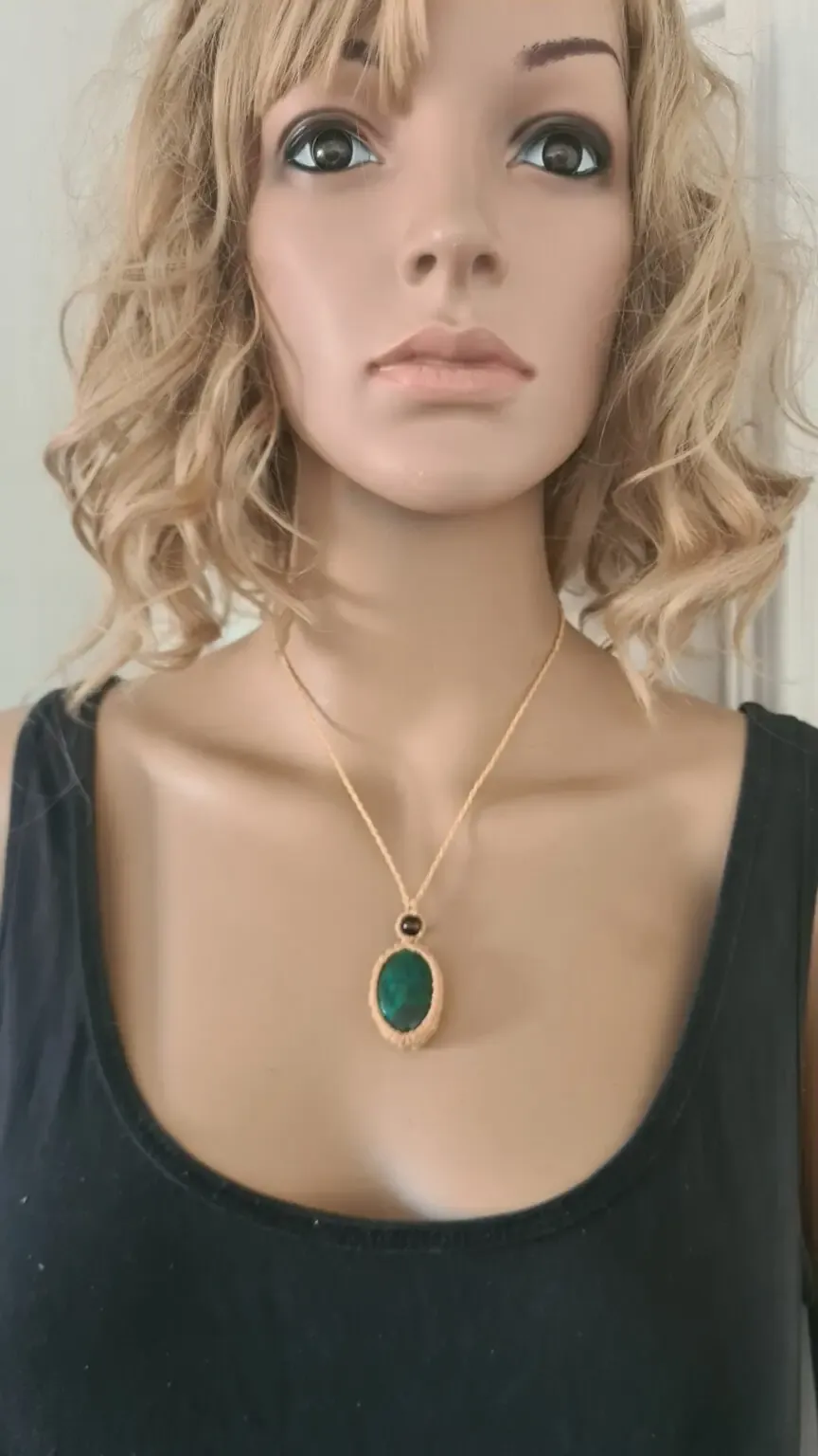 Peruvian Turquoise chrysocolla stone and Ayahuasca slice macrame necklace - Image 5