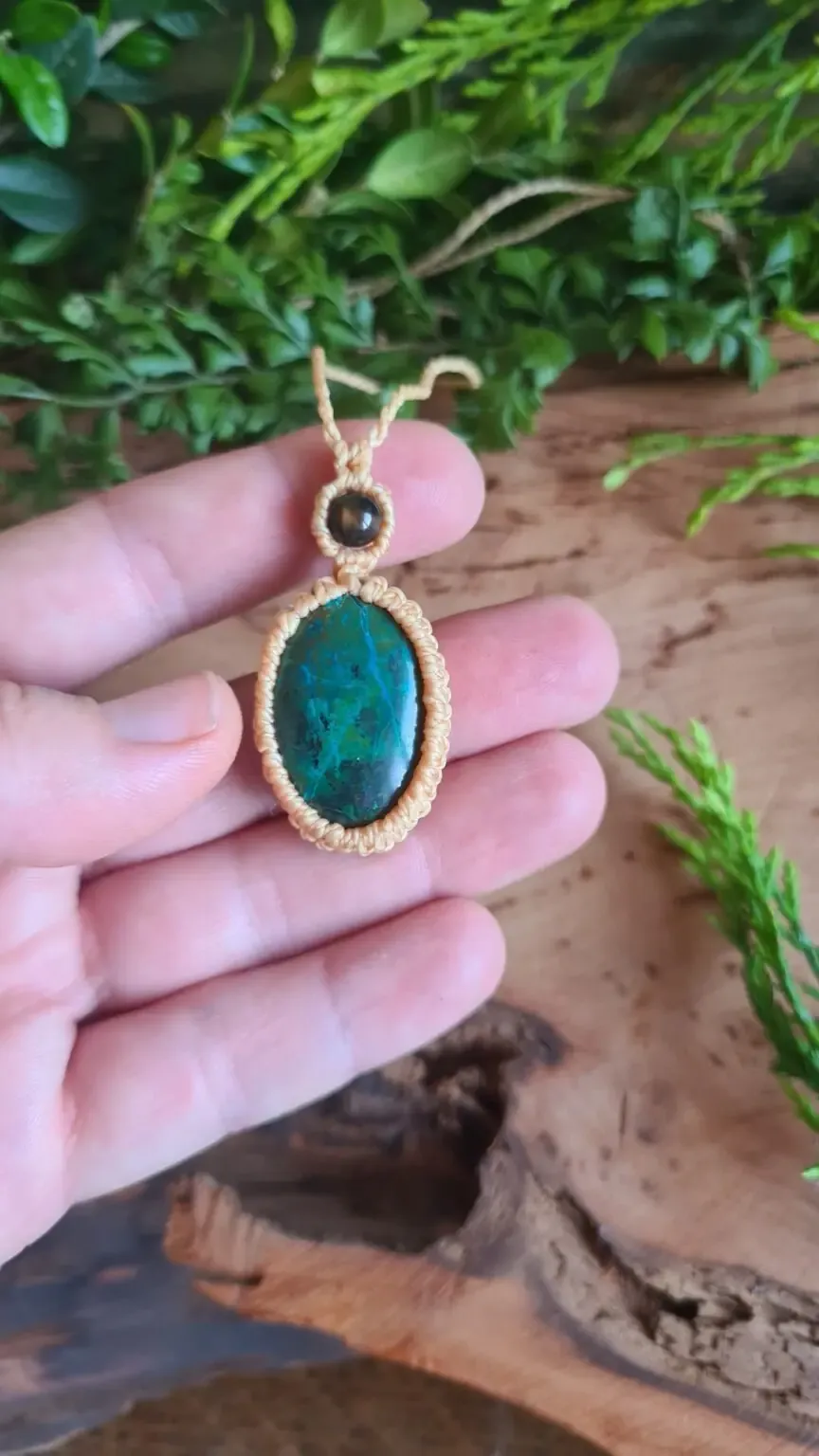 Peruvian Turquoise chrysocolla stone and Ayahuasca slice macrame necklace - Image 6