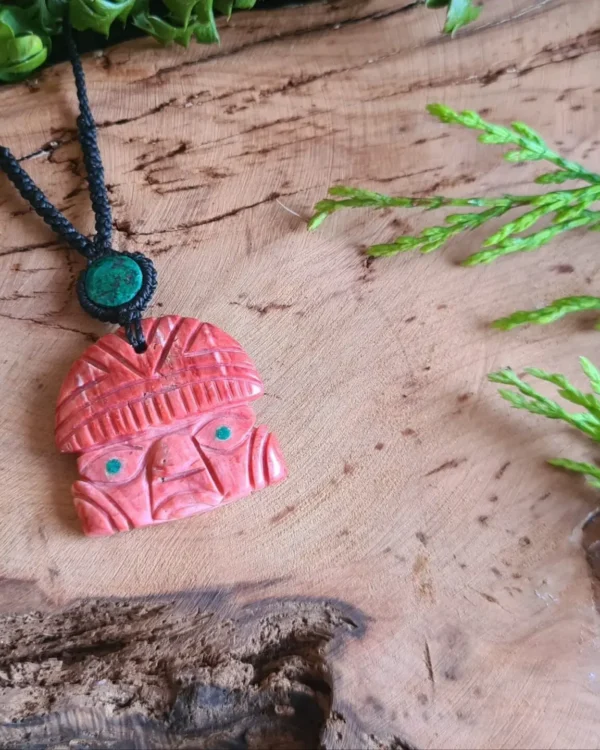 Ancestor face spondylus shell and Chrysocolla slice macrame necklace