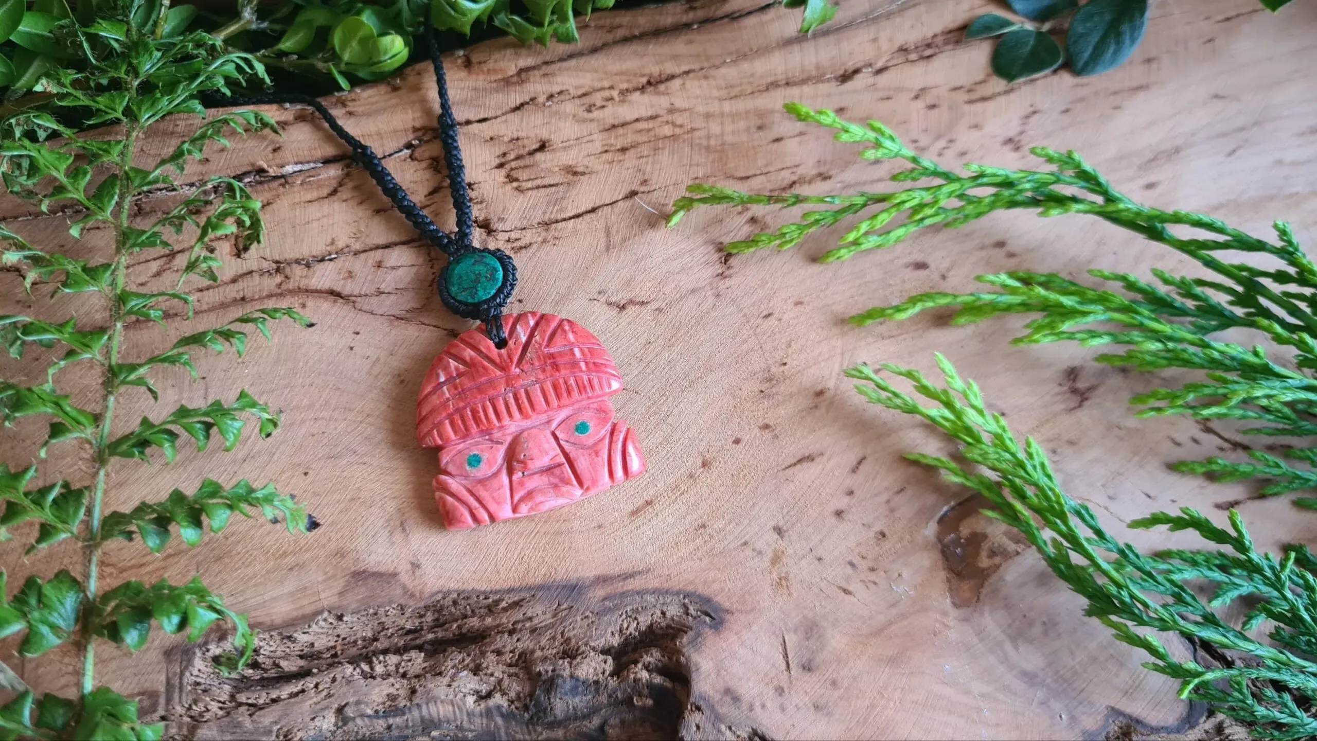 Ancestor face spondylus shell and Chrysocolla slice macrame necklace