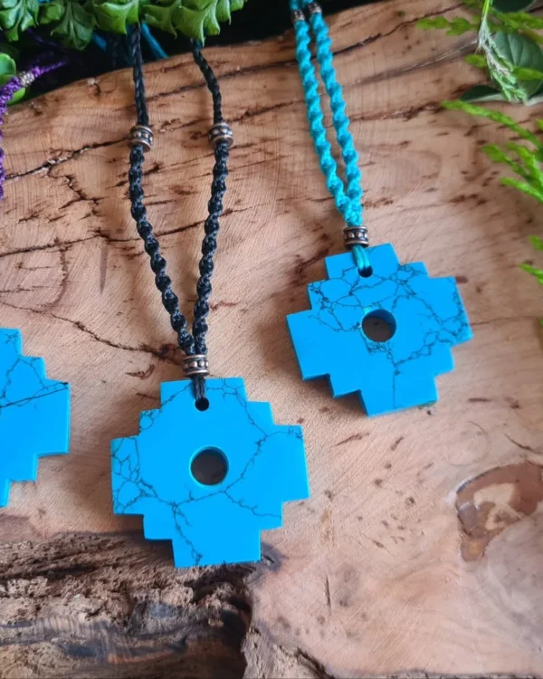 Turquoise Howlite stone chakana Incan cross necklace Andean cosmology - Turquoise cord