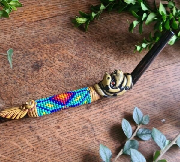 Chonta wood green serpent and jaguar beads decorated tepi