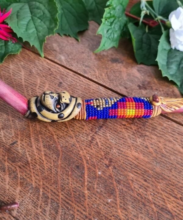 Palo Sangre wood double serpent and jaguar beads decorated tepi