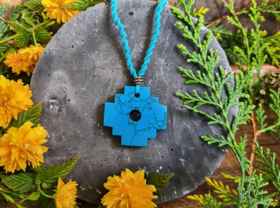 Turquoise Howlite stone chakana Incan cross necklace Andean cosmology - Image 4