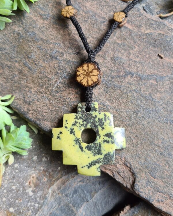 Large light green Serpentine stone chakana Inca cross necklace