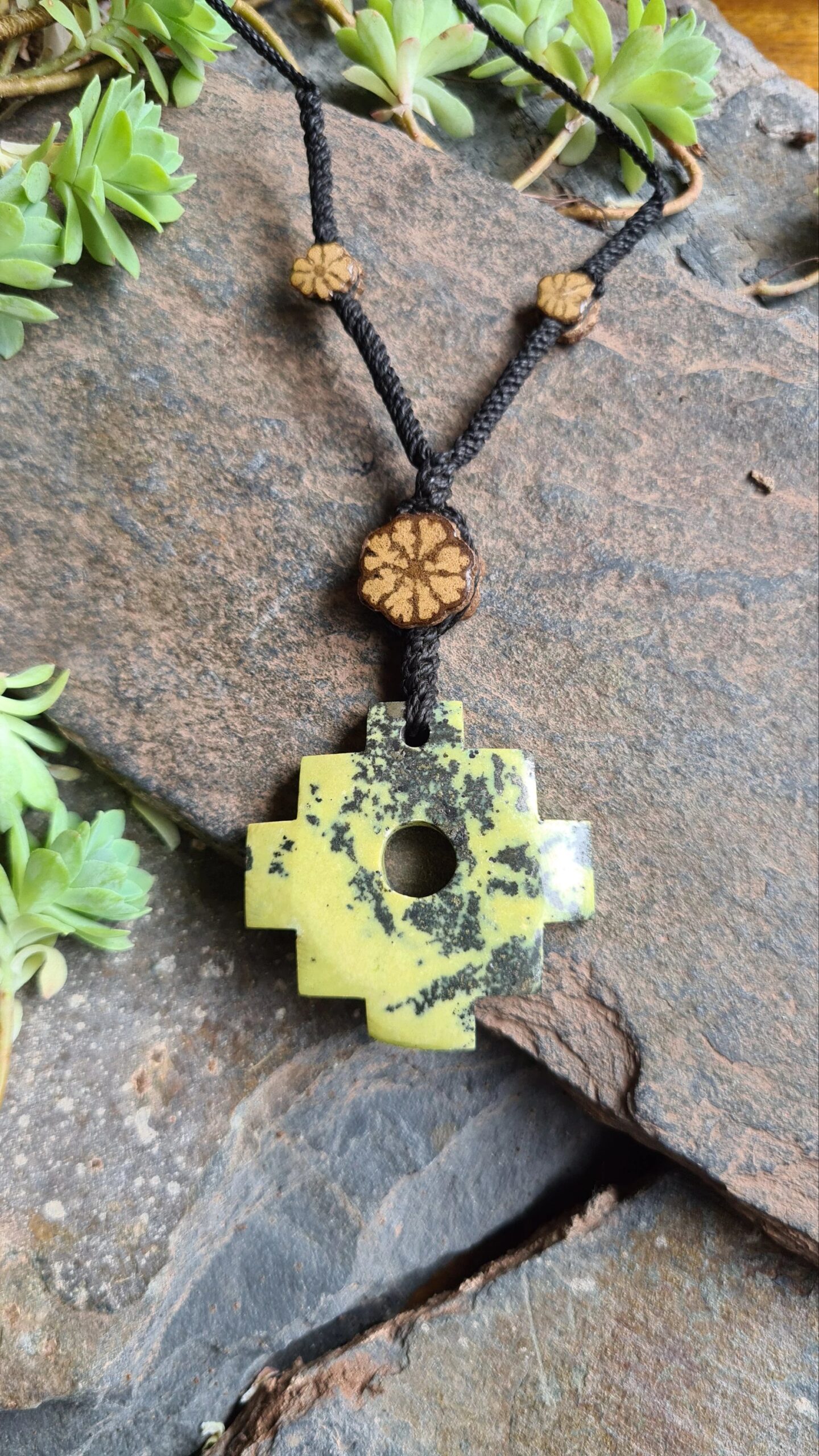 Large light green Serpentine stone chakana Inca cross necklace