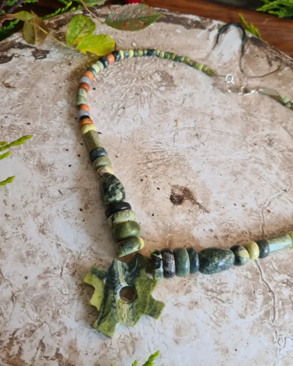 Large Light green Serpentine stone chakana crystal necklace