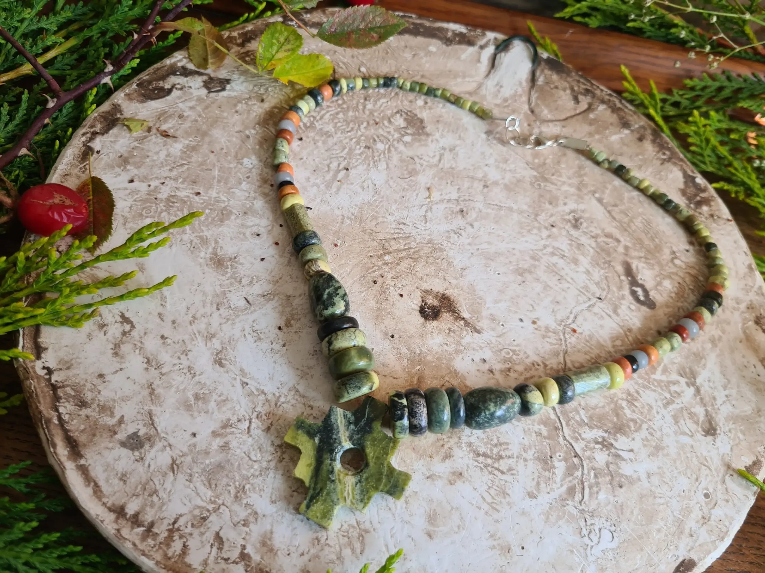 Large Light green Serpentine stone chakana crystal necklace