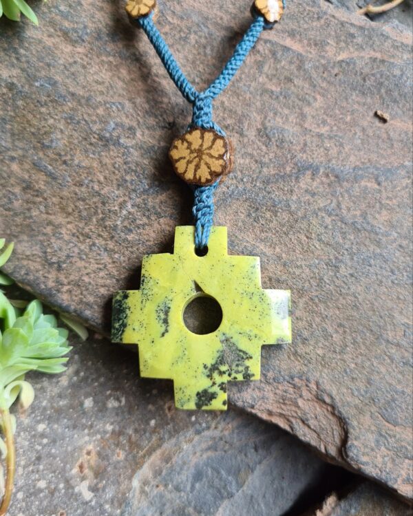 Large light green Serpentine stone chakana Inca cross necklace