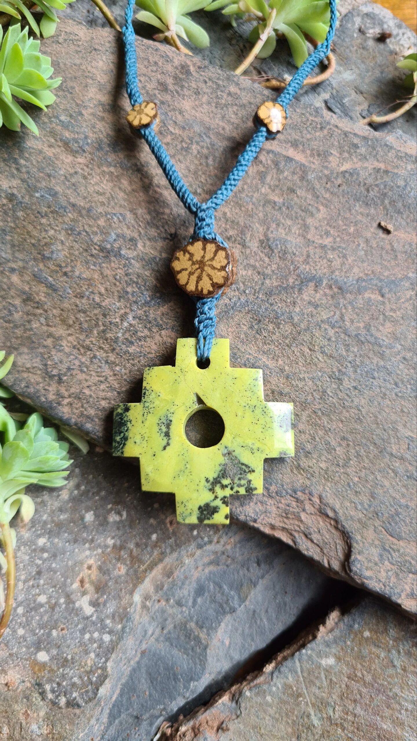 Large light green Serpentine stone chakana Inca cross necklace