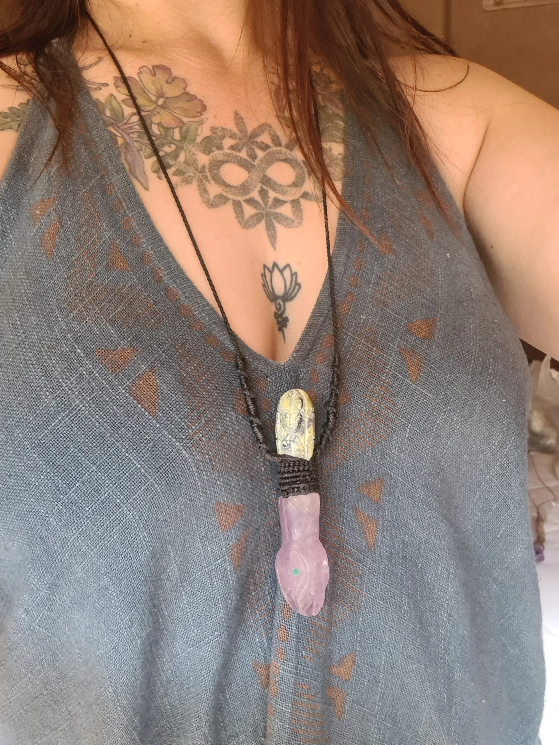 Amethyst Serpent with Serpentine stone San Pedro Wachuma cactus carved necklace - Image 7