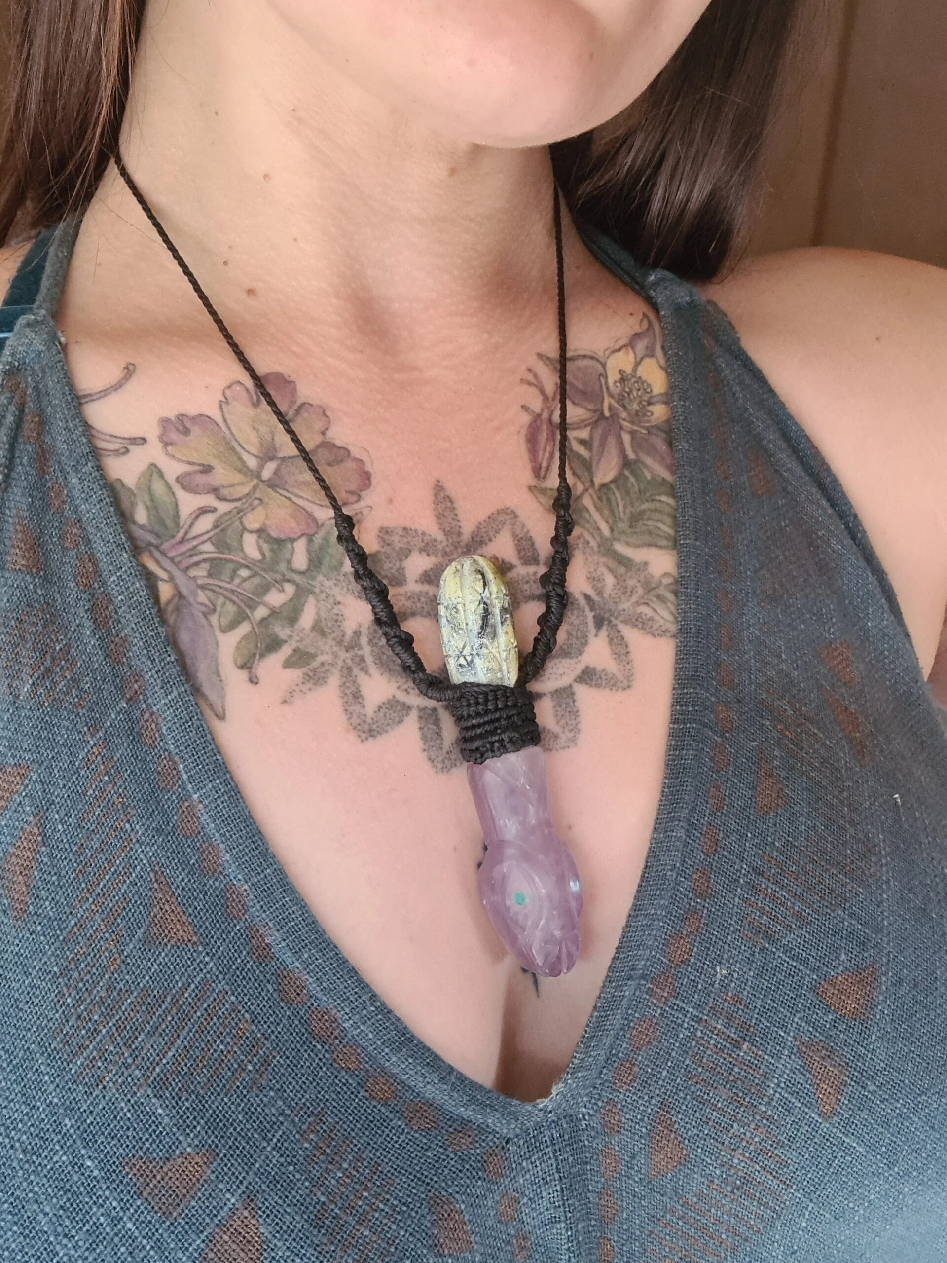 Amethyst Serpent with Serpentine stone San Pedro Wachuma cactus carved necklace - Image 6