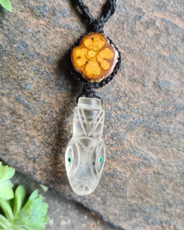 Quartz crystal Serpent with Chrysocolla stone eyes carved Aya vine necklace
