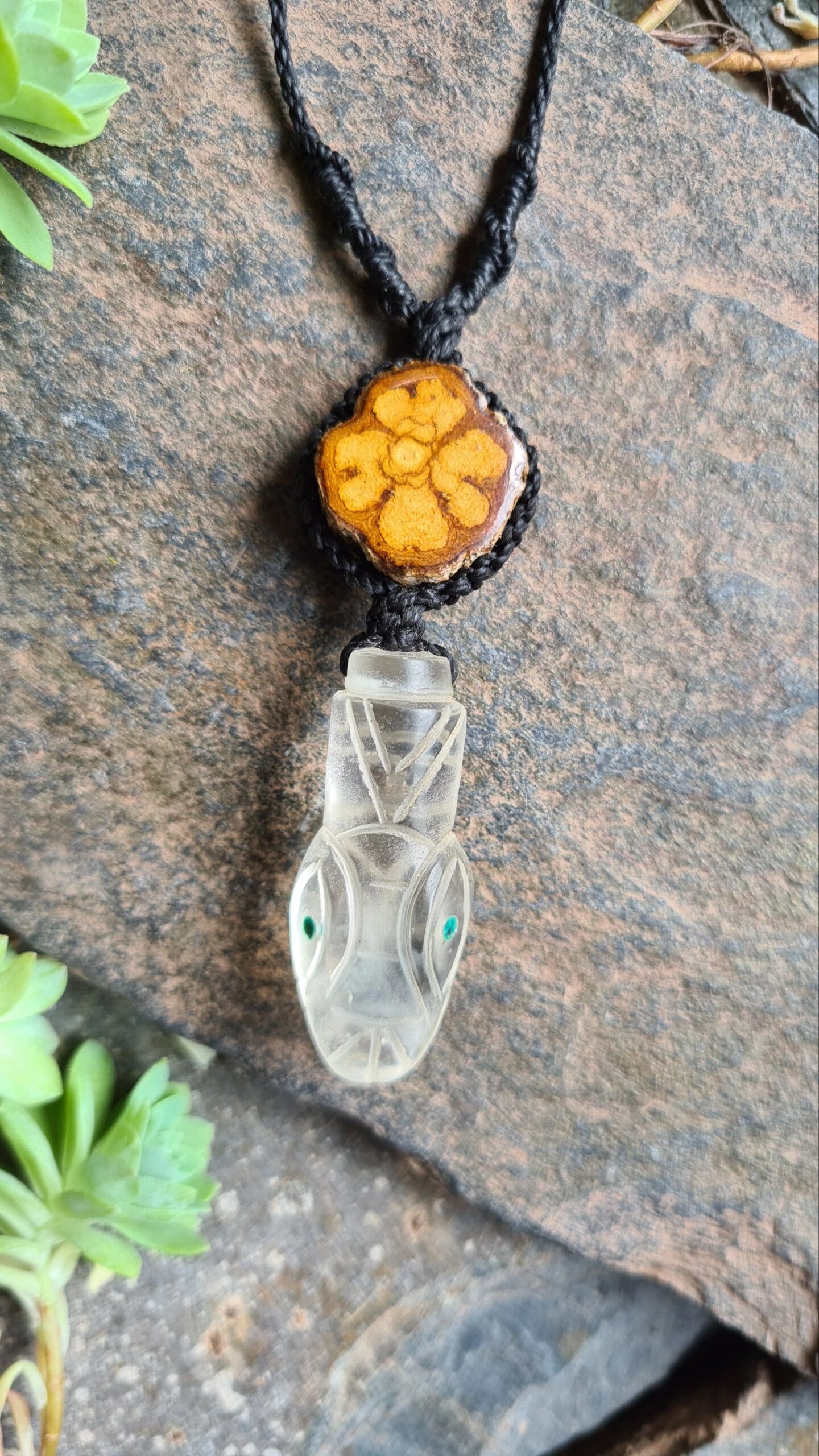 Quartz crystal Serpent with Chrysocolla stone eyes carved Aya vine necklace