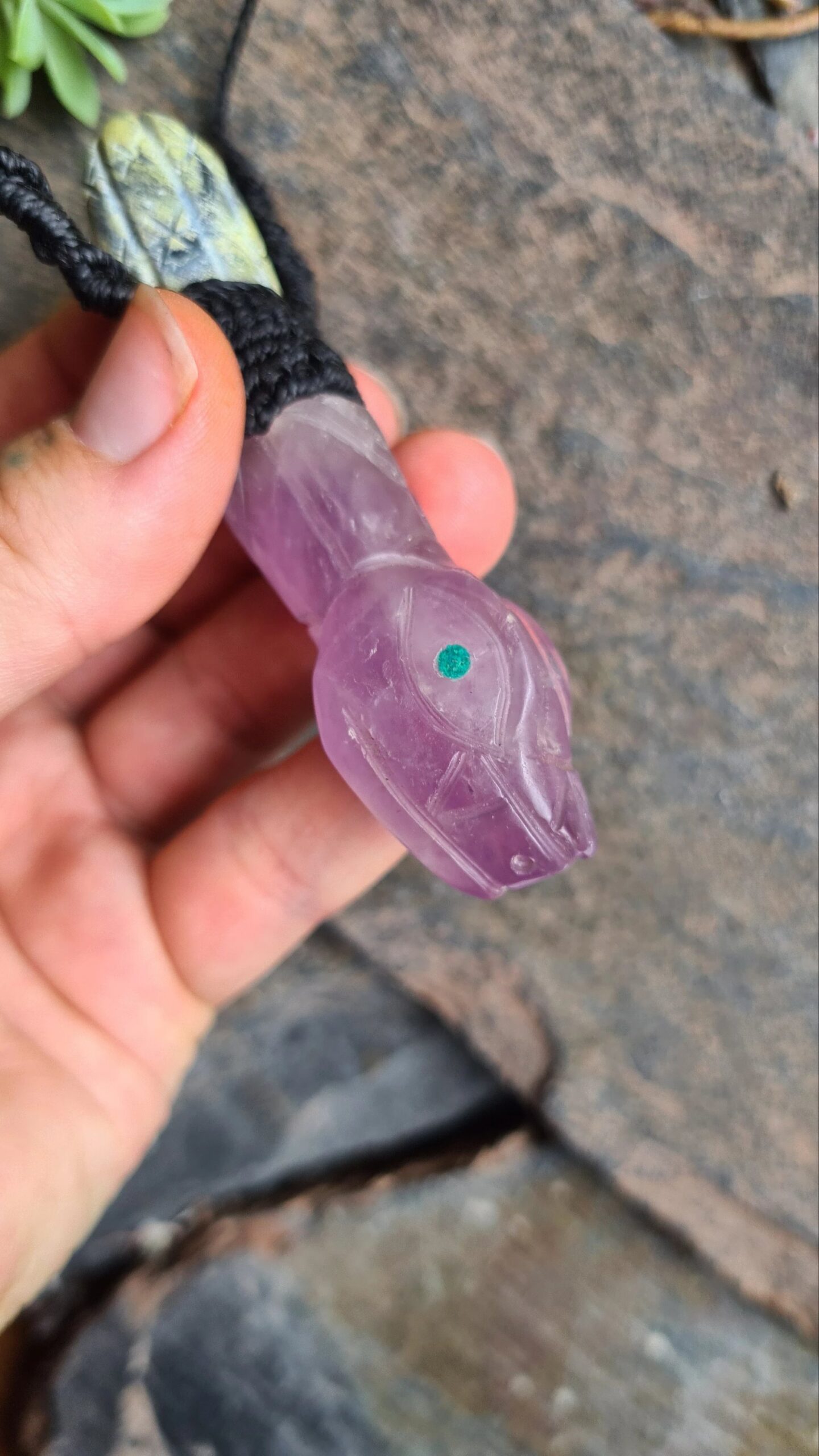 Amethyst Serpent with Serpentine stone San Pedro Wachuma cactus carved necklace - Image 3