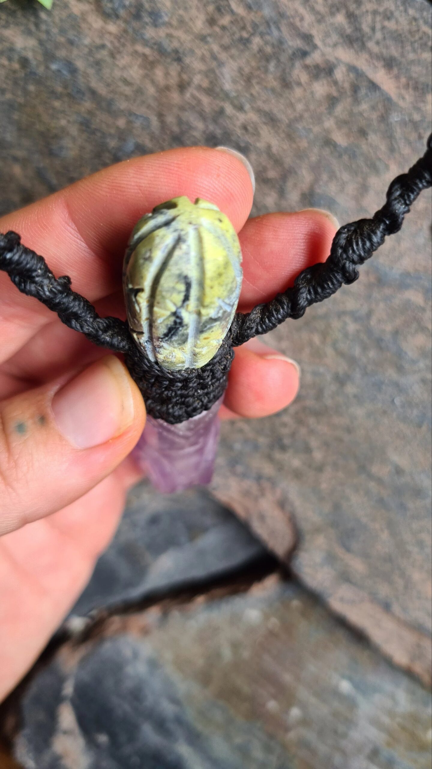 Amethyst Serpent with Serpentine stone San Pedro Wachuma cactus carved necklace - Image 5