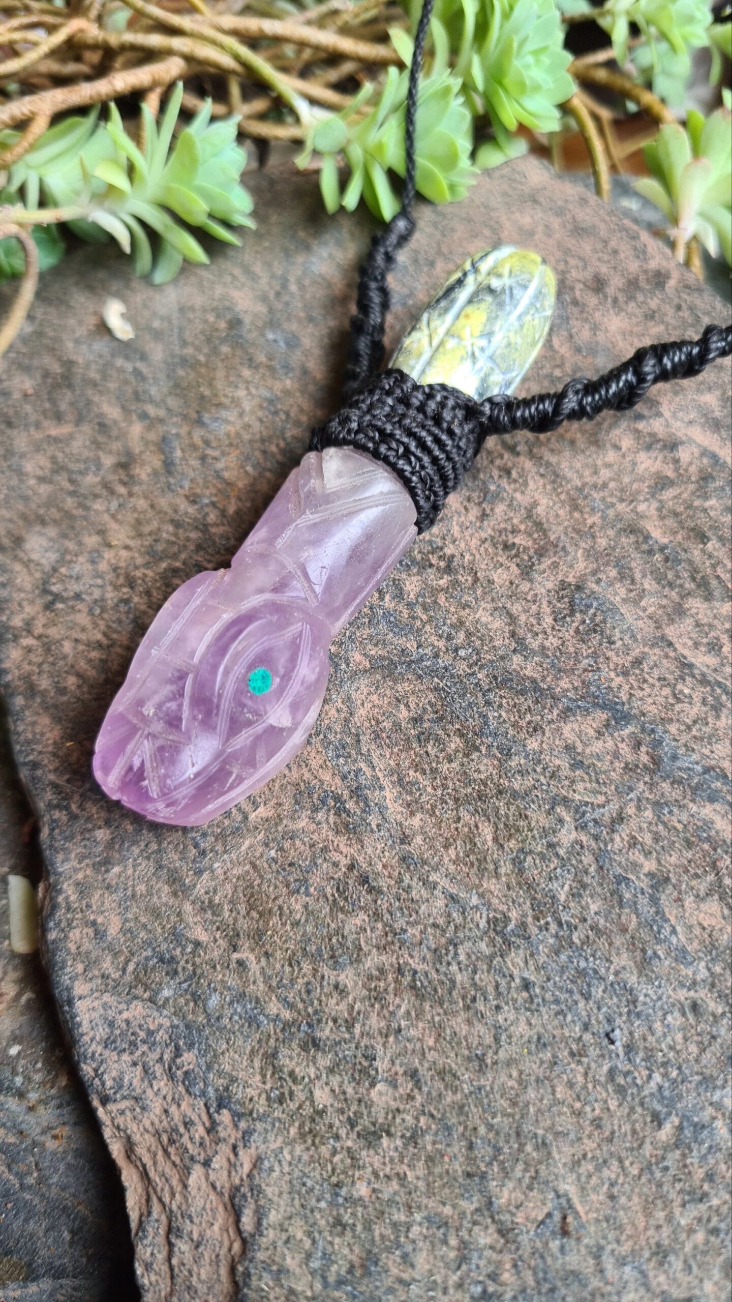 Amethyst Serpent with Serpentine stone San Pedro Wachuma cactus carved necklace - Image 2
