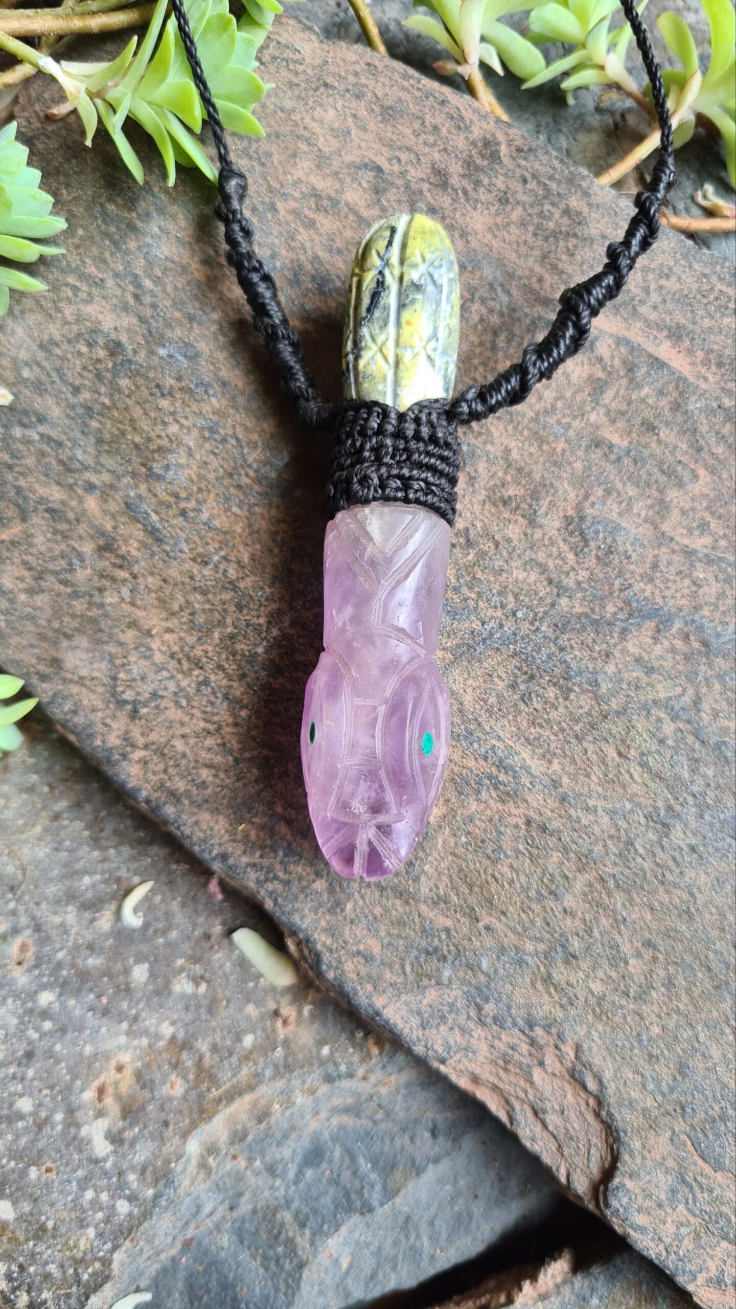 Amethyst Serpent with Serpentine stone San Pedro Wachuma cactus carved necklace - Image 4