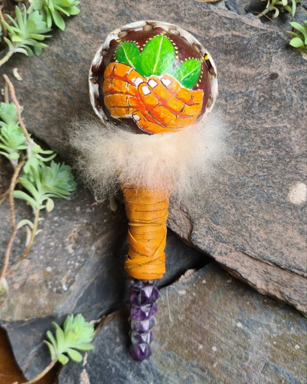 Hand painted carved Amethyst handle rattle