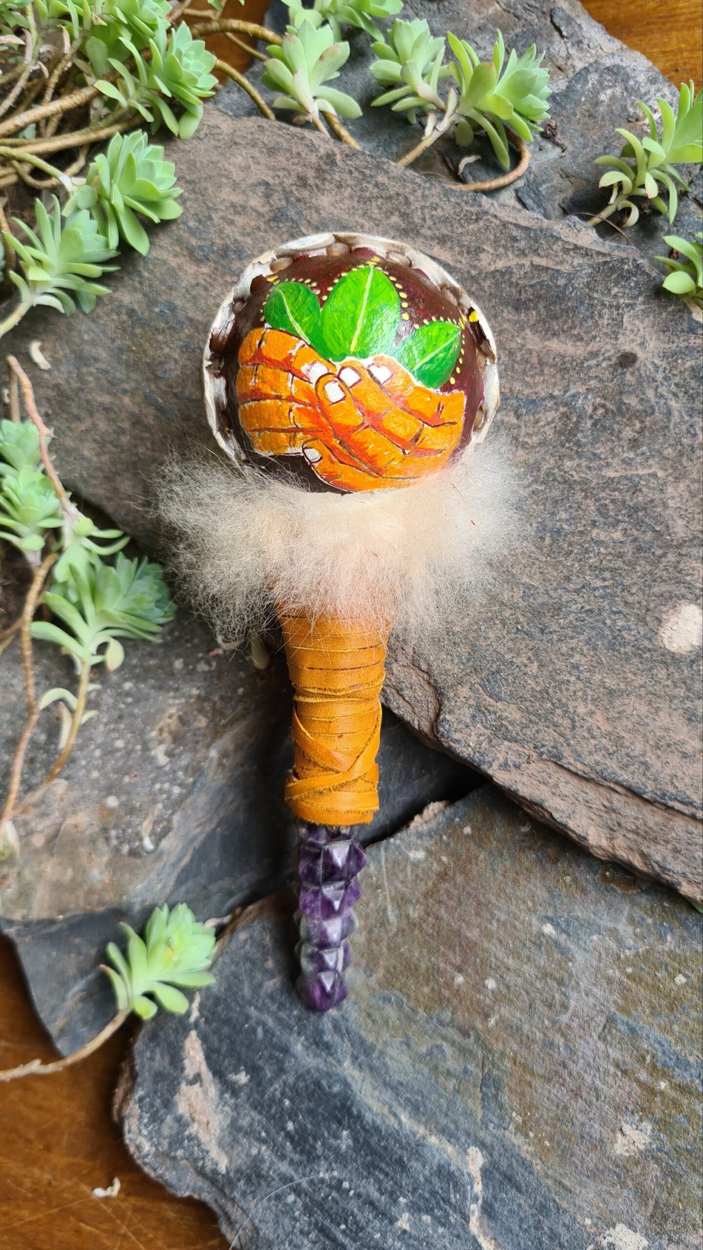 Hand painted carved Amethyst handle rattle