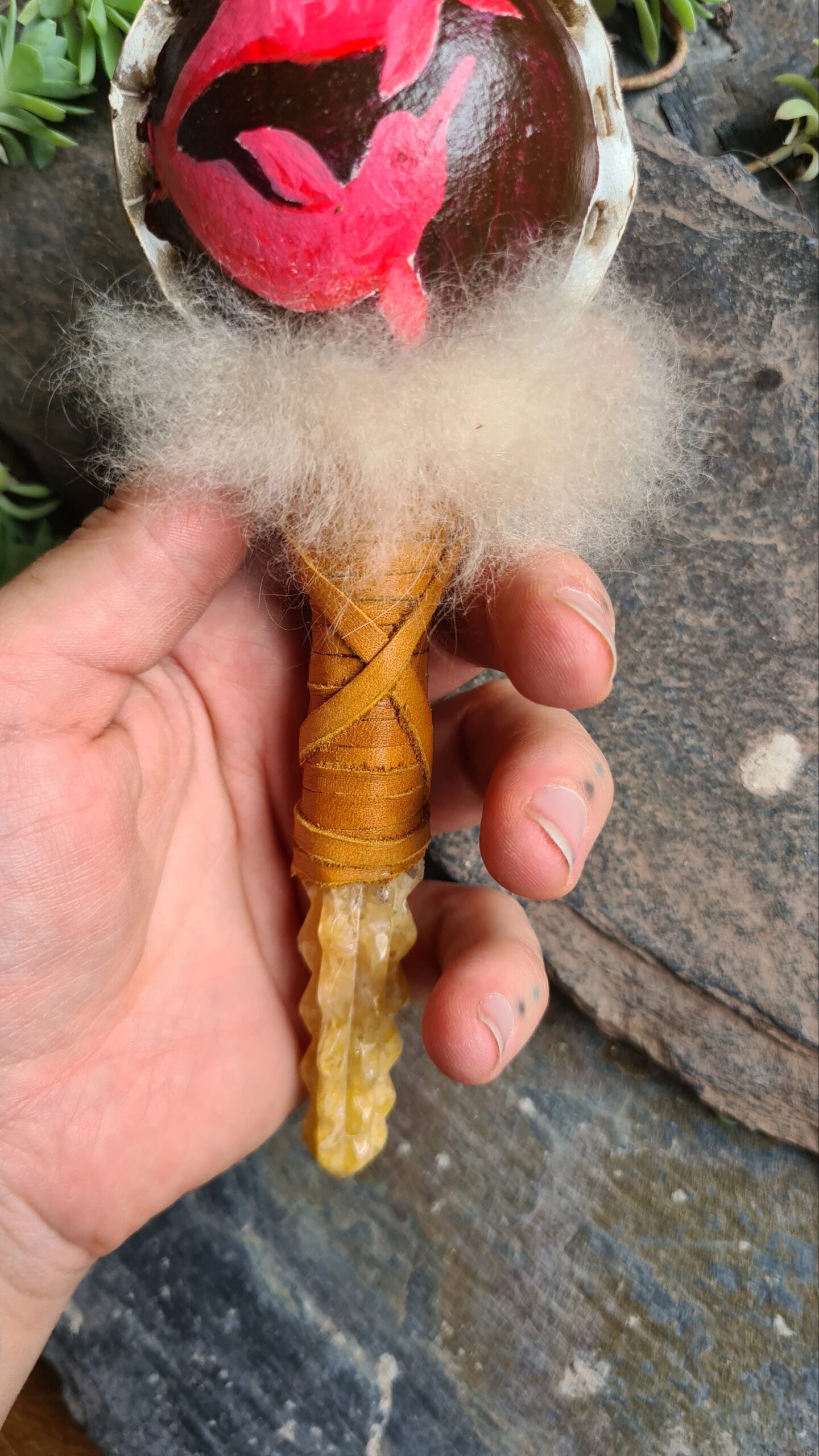Hand painted carved Golden healer quartz handle rattle - Image 4