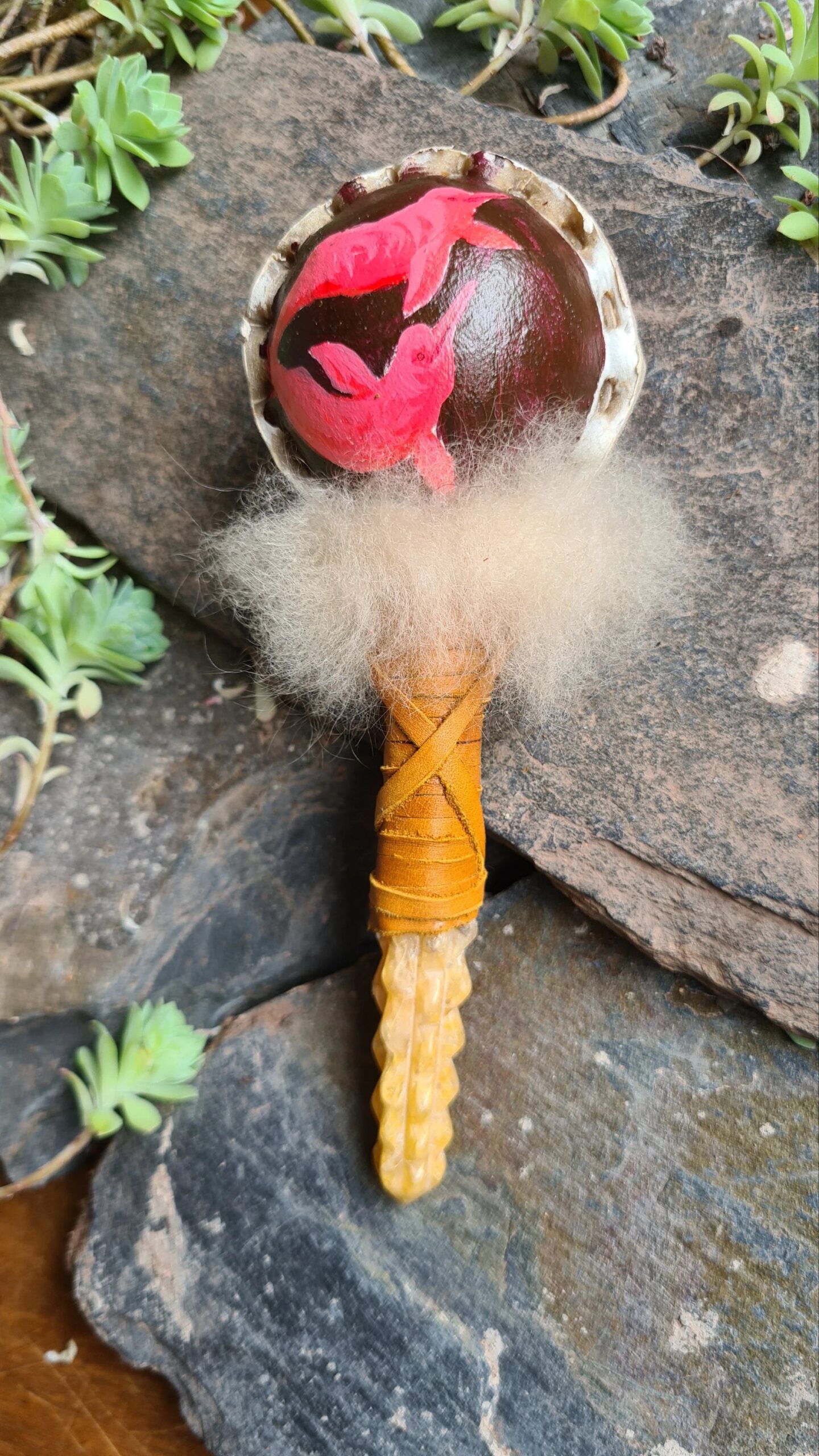 Hand painted carved Golden healer quartz handle rattle