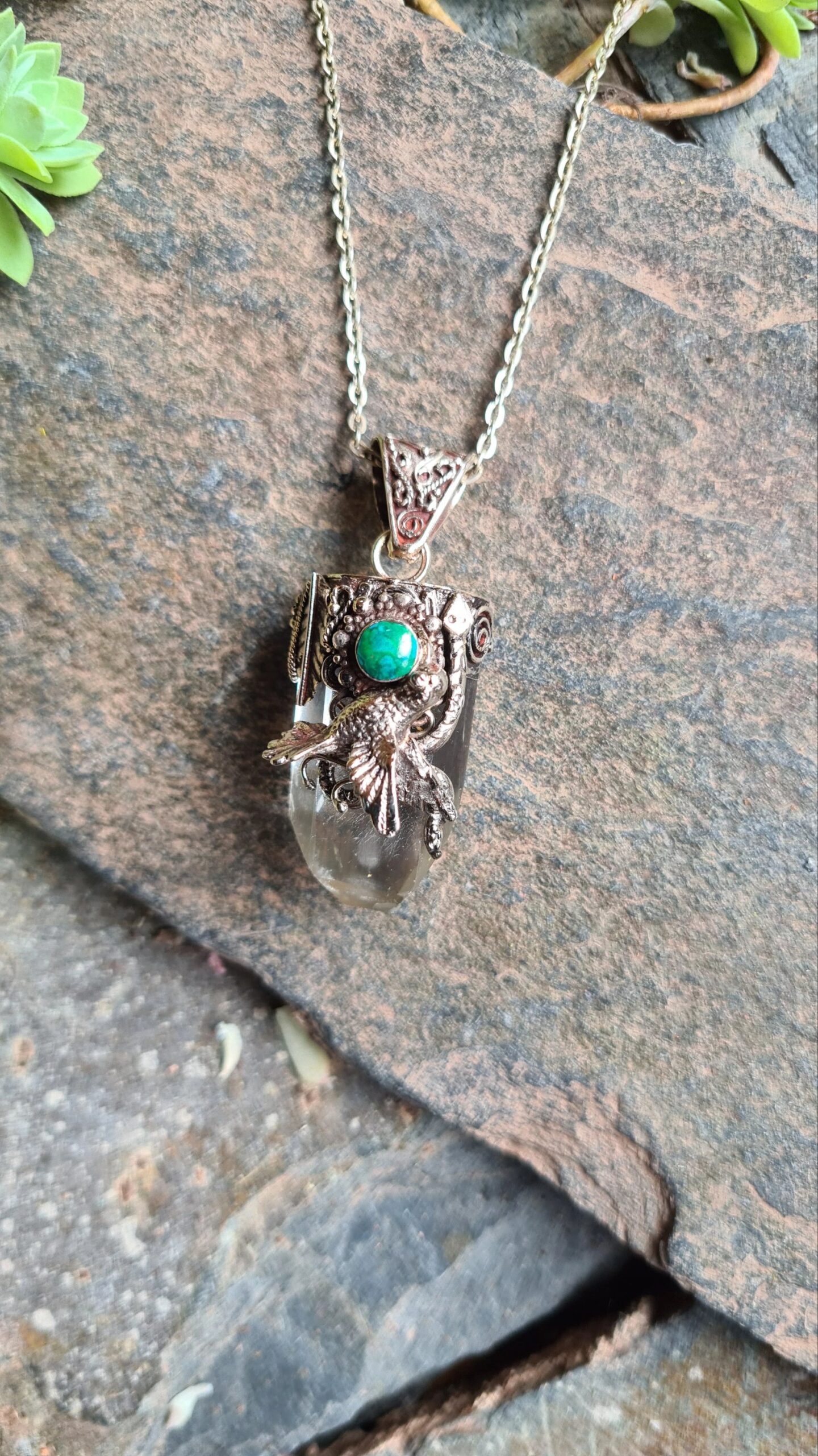 Smoky Quartz and Chrysocolla kolibri Alpaca silver necklace