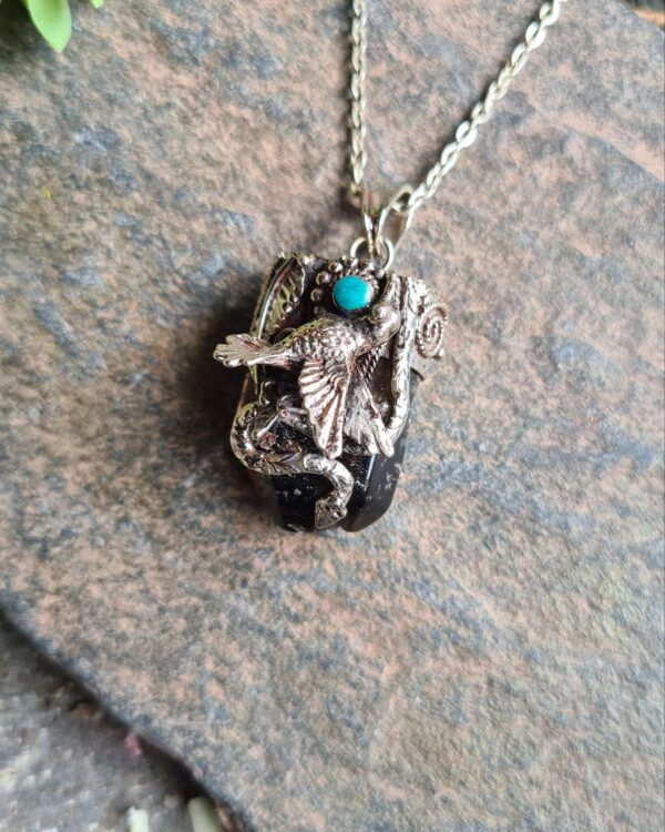 Smoky Quartz and Chrysocolla kolibri Alpaca silver necklace