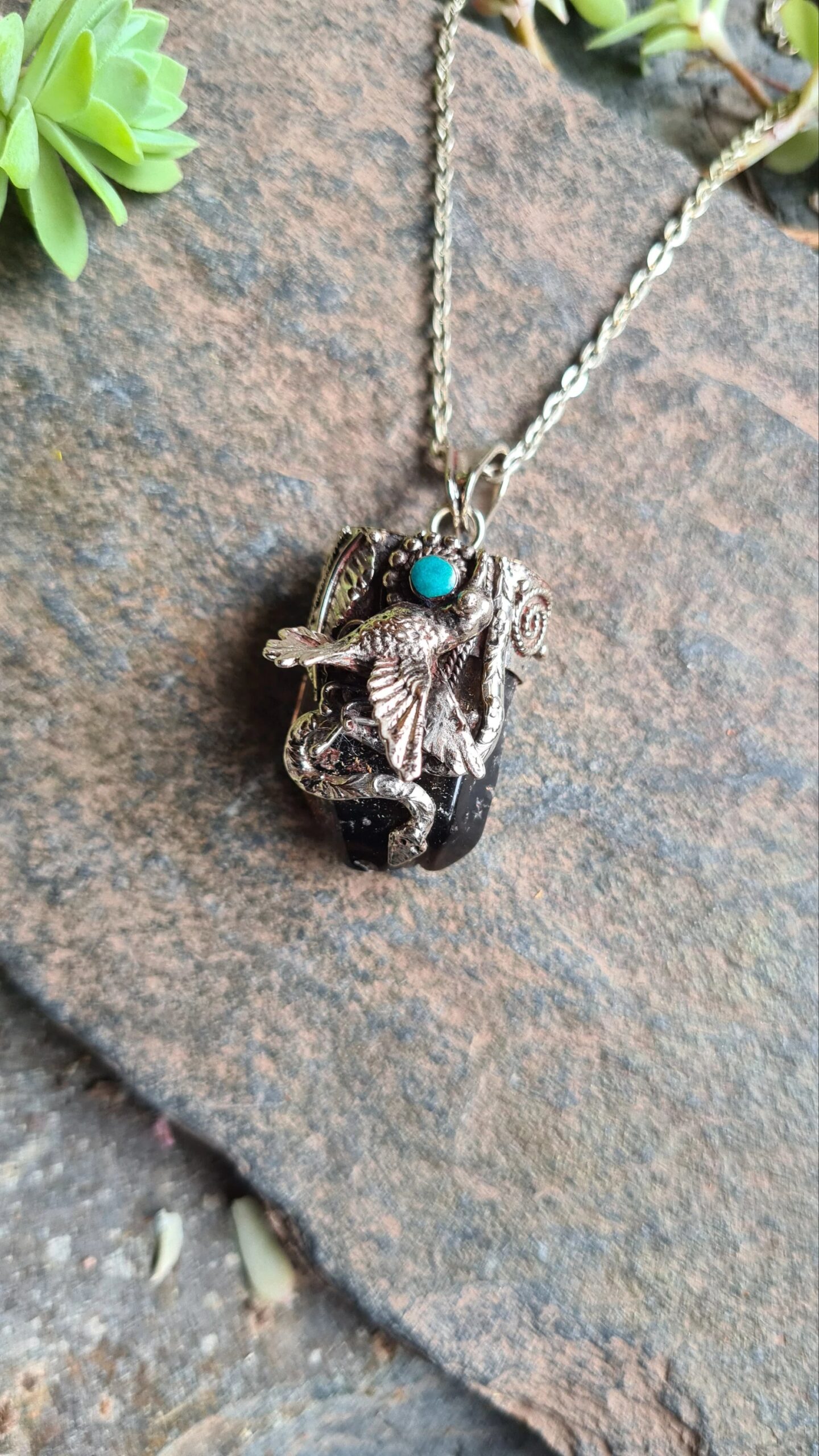 Smoky Quartz and Chrysocolla kolibri Alpaca silver necklace