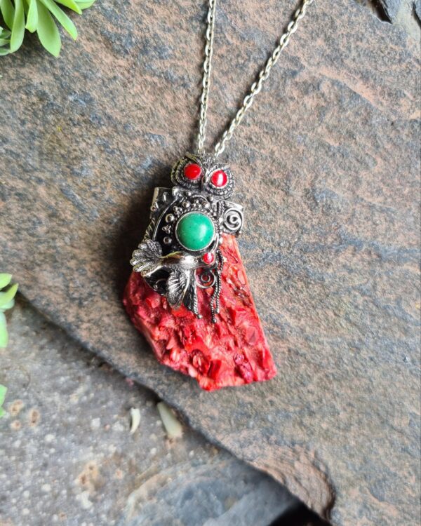 Spondylus Inca shell owl humming bird necklace in Alpaca silver