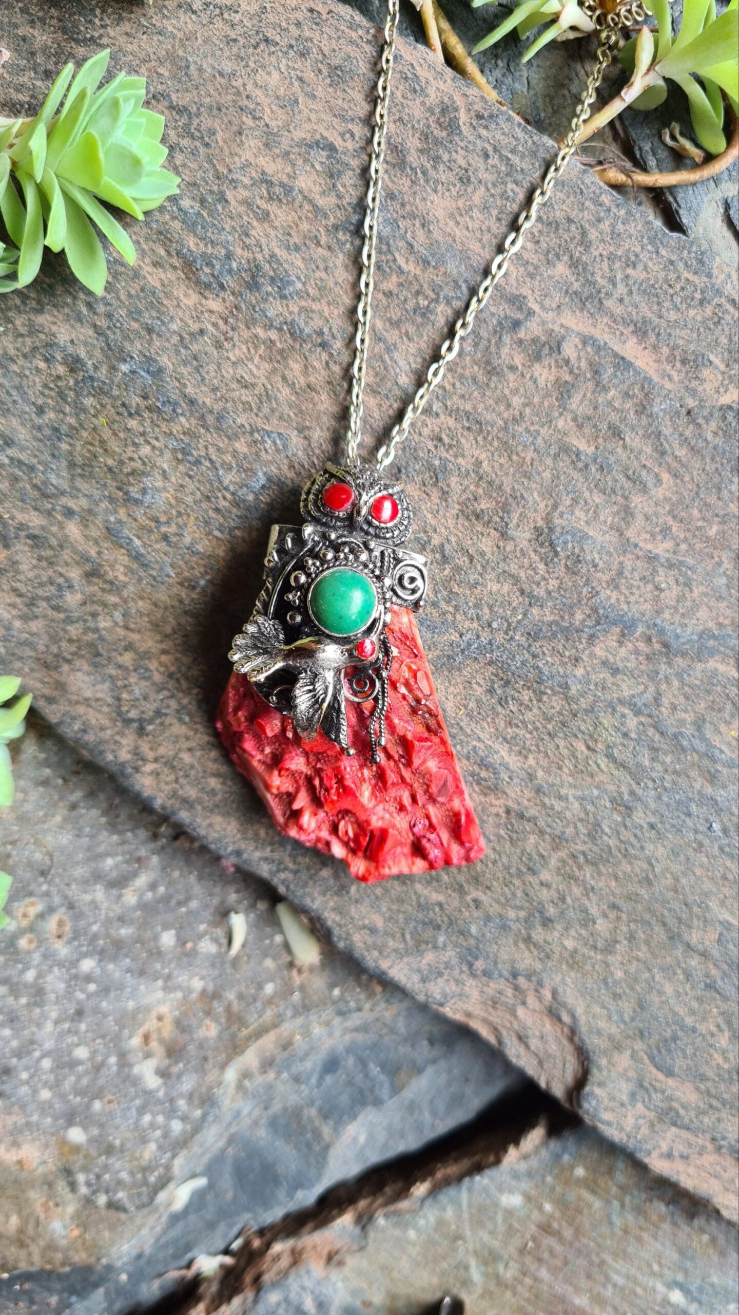 Spondylus Inca shell owl humming bird necklace in Alpaca silver