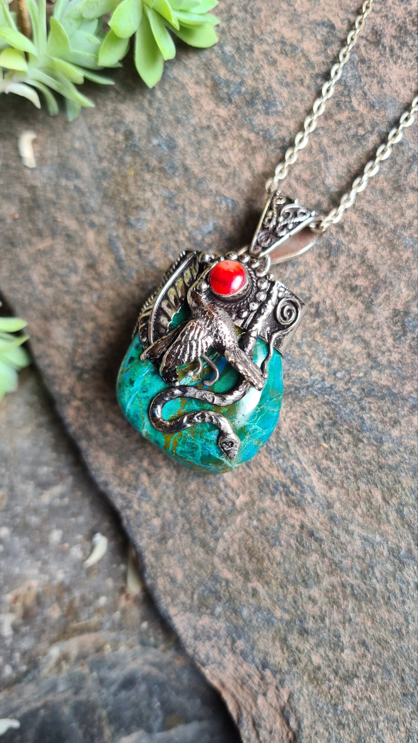 Chrysocolla and Alpaca silver Kolibri necklace