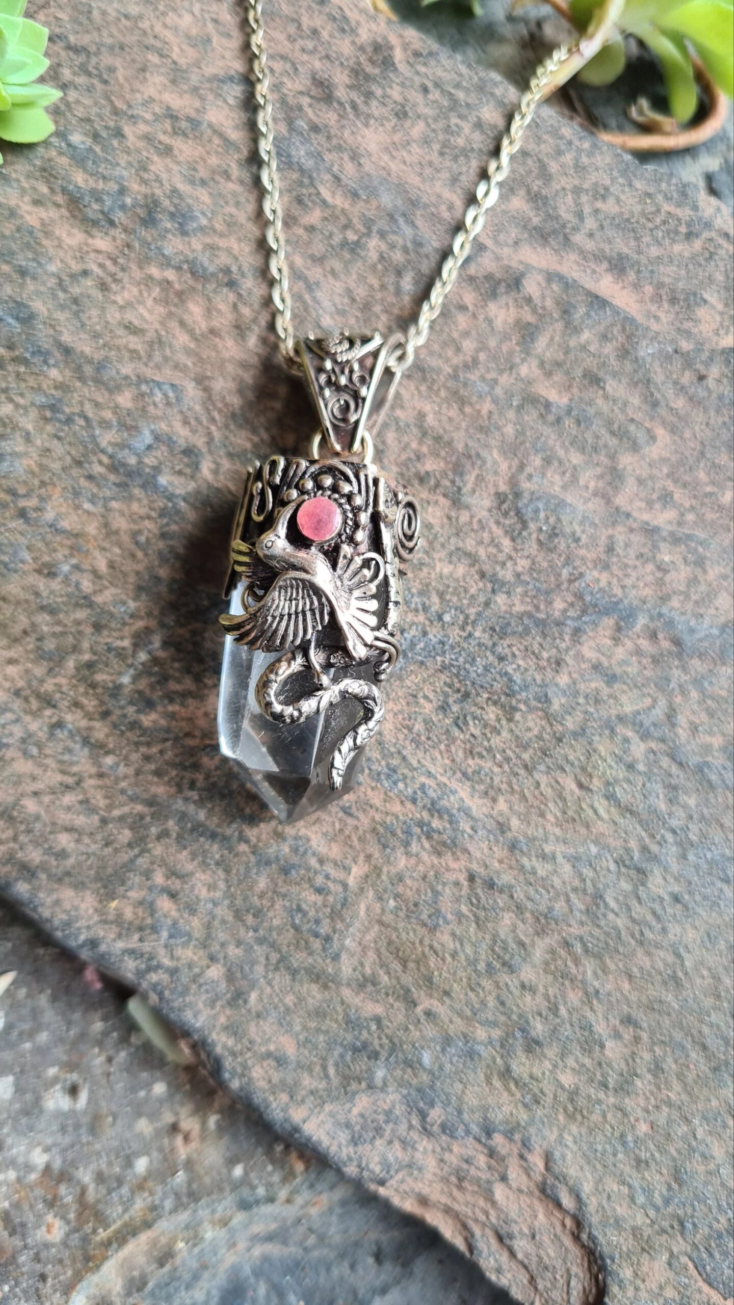 Quartz kolibri Alpaca Silver Inca style necklace