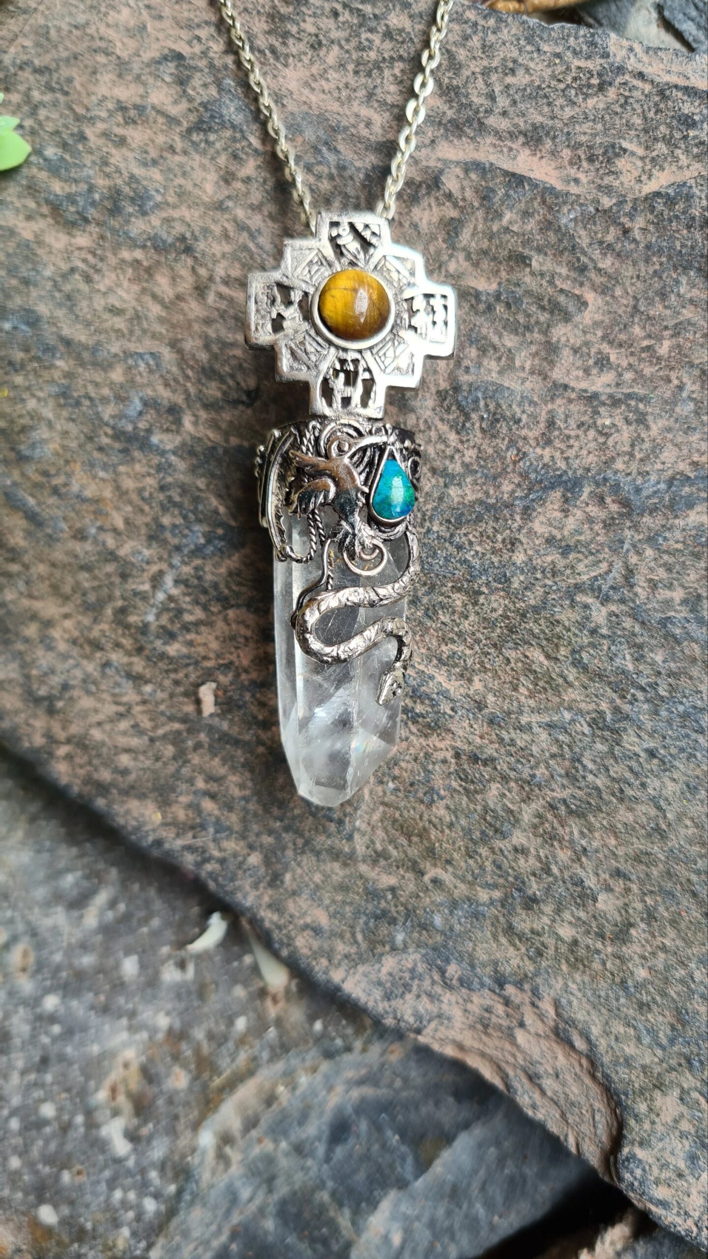 Quartz Chakana Alpaca Silver Inca style necklace
