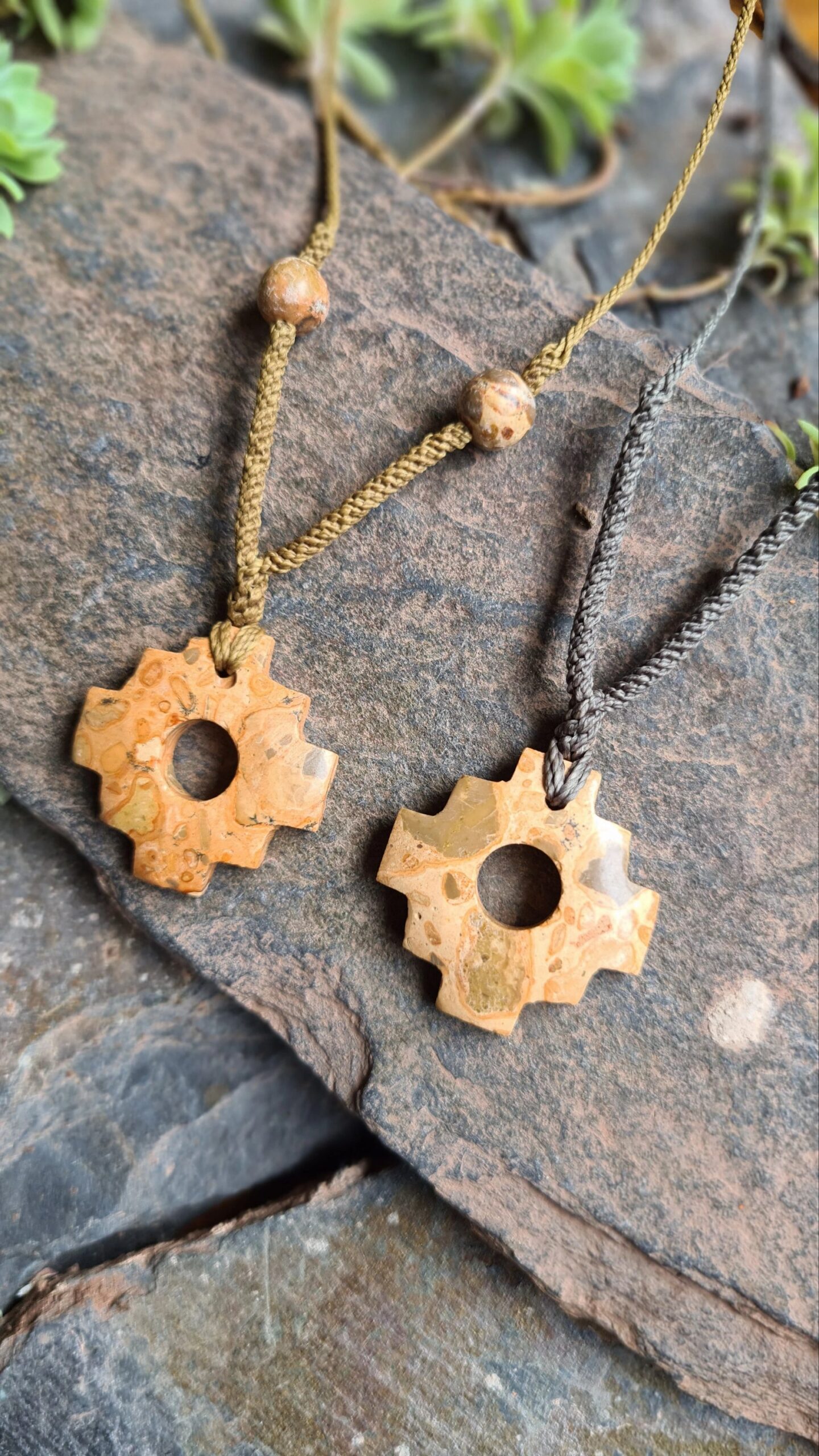 Light earthy Jasper stone chakana Inca cross necklace