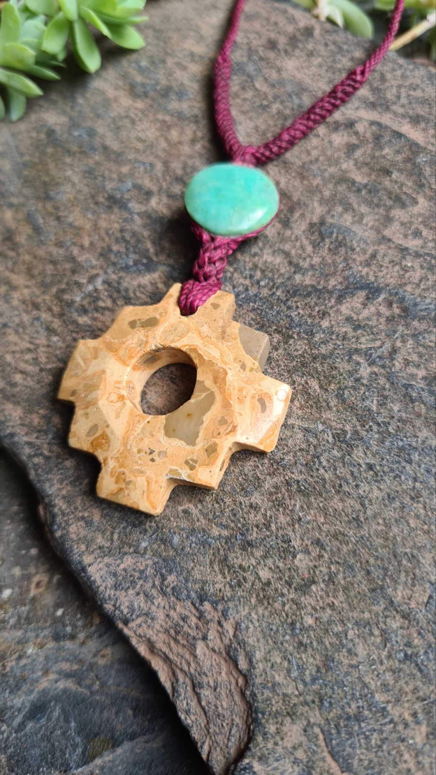 Light earthy Jasper stone and Amazonite chakana Inca cross necklace