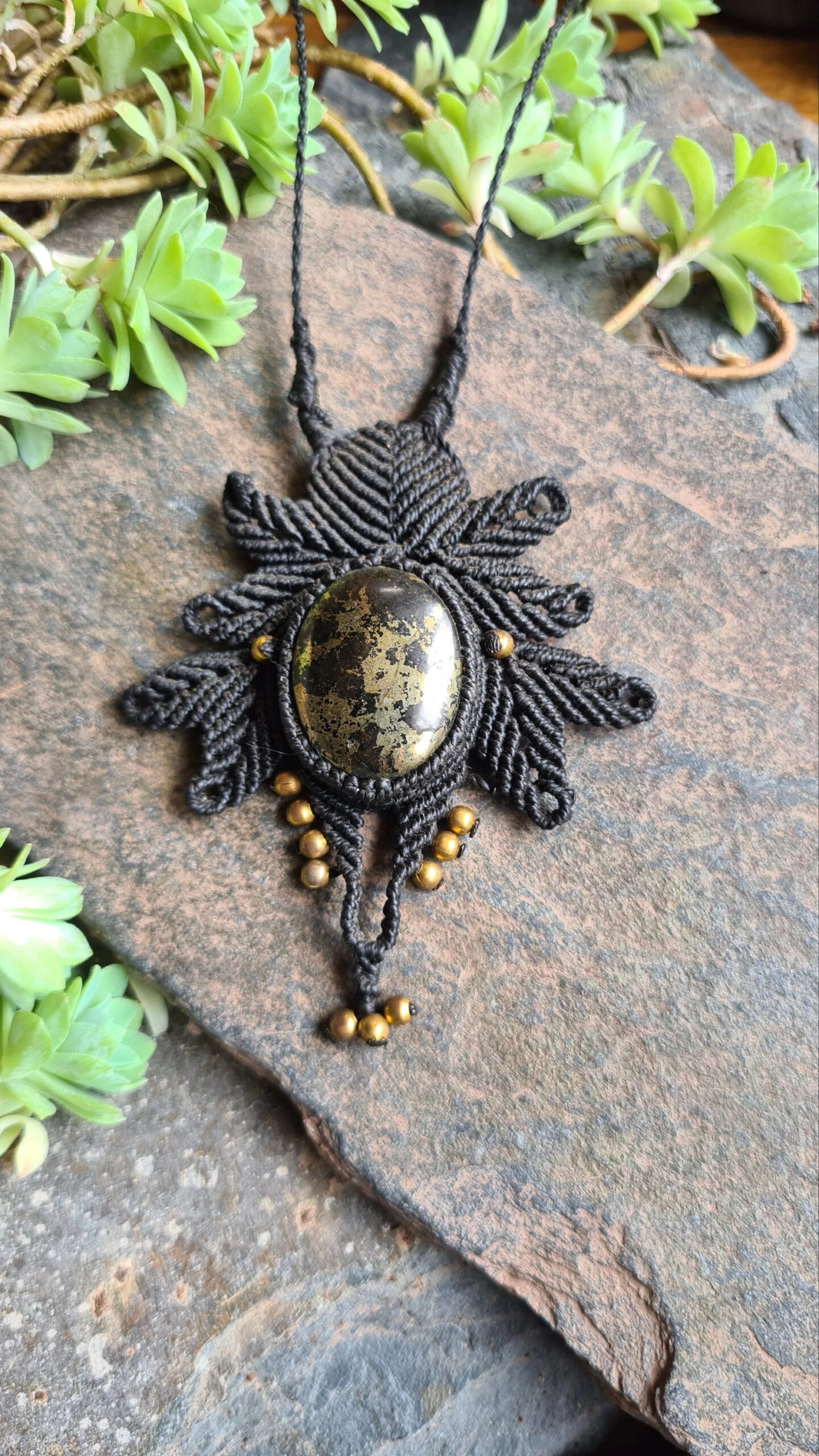 Pyrite black macrame necklace